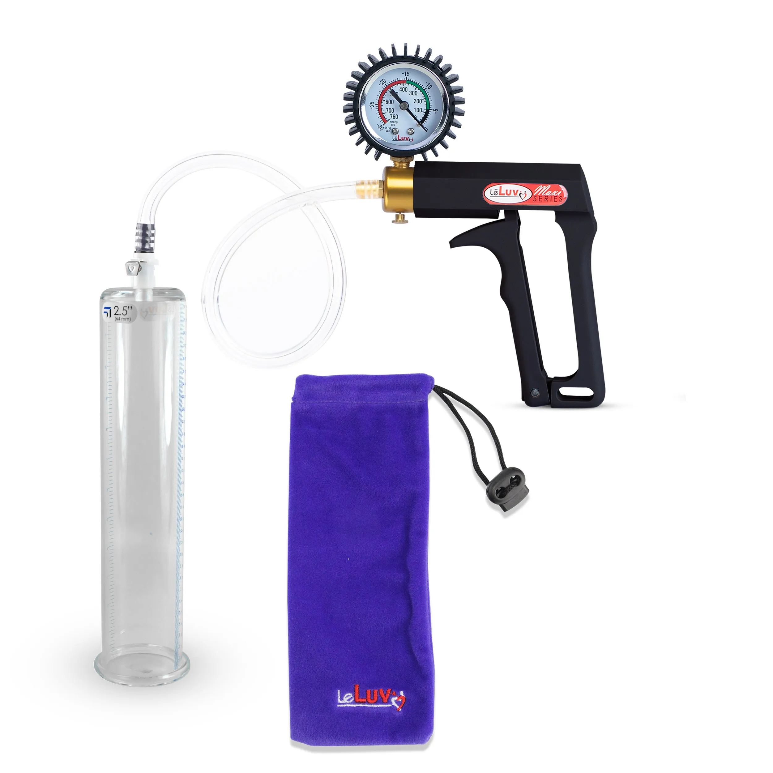 LeLuv Maxi Penis Pump | Black Handle, Clear Hose, Gauge/Protected Gauge | Round Flange Cylinder