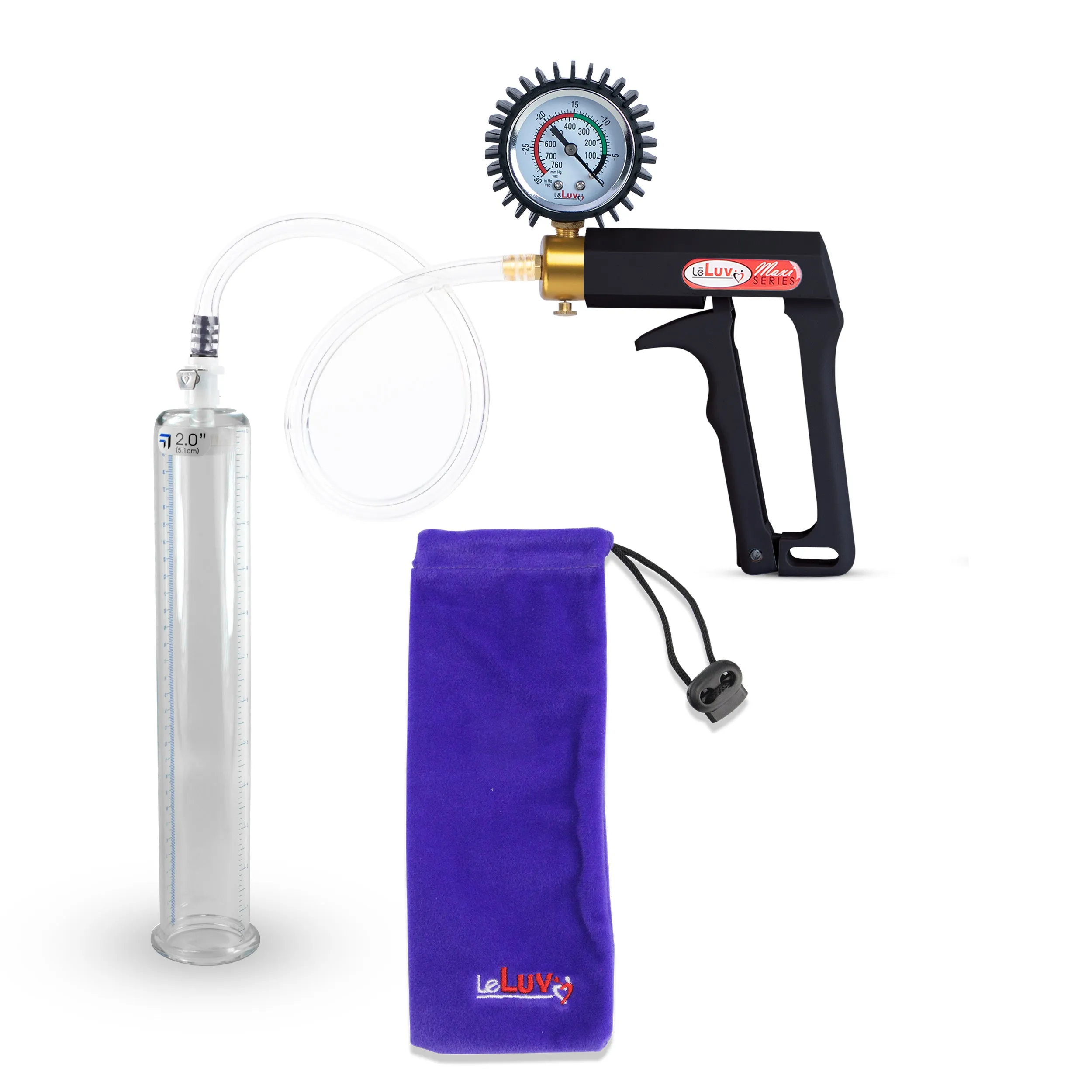 LeLuv Maxi Penis Pump | Black Handle, Clear Hose, Gauge/Protected Gauge | Round Flange Cylinder
