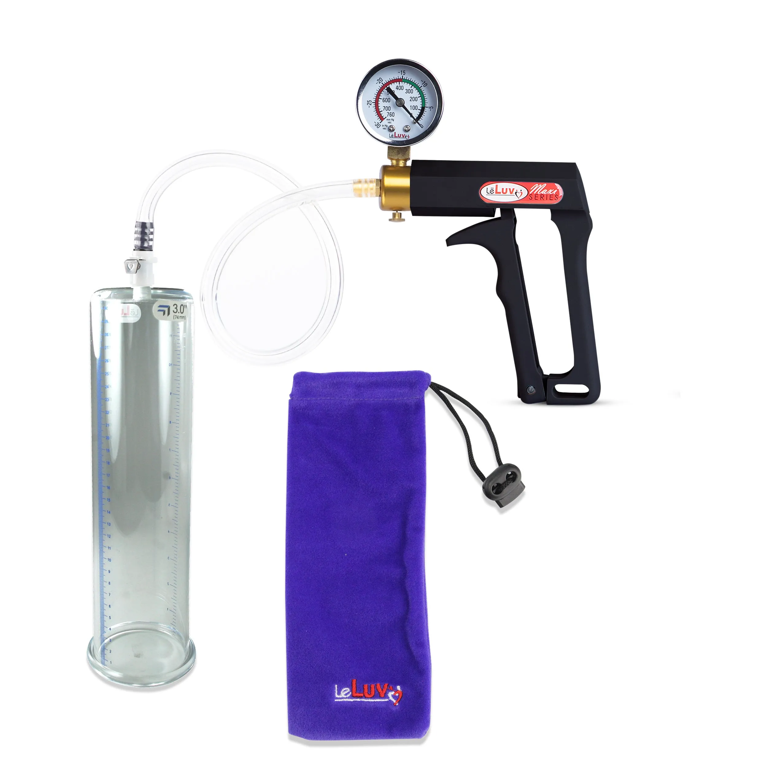 LeLuv Maxi Penis Pump | Black Handle, Clear Hose, Gauge/Protected Gauge | Round Flange Cylinder