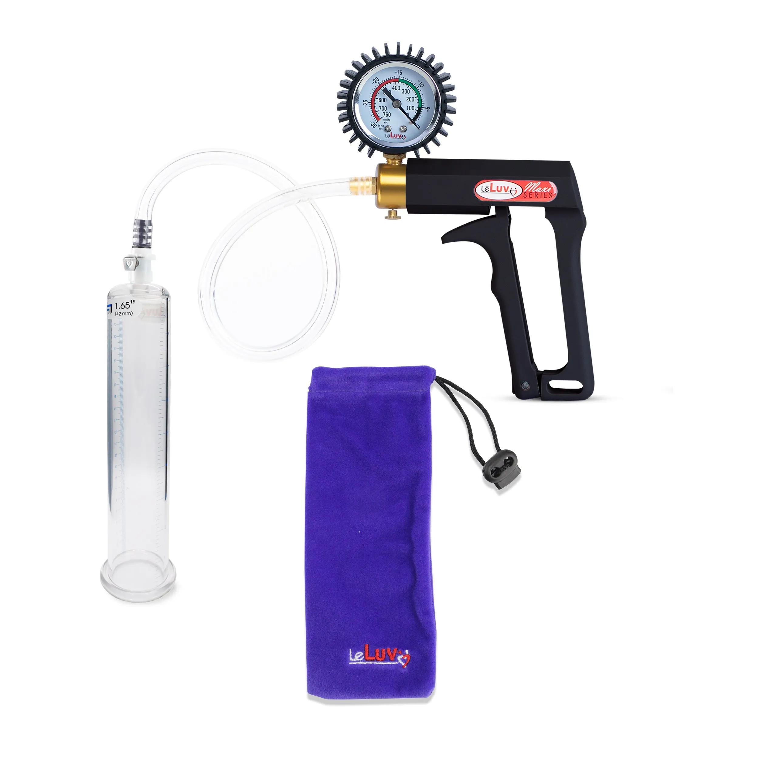 LeLuv Maxi Penis Pump | Black Handle, Clear Hose, Gauge/Protected Gauge | Round Flange Cylinder