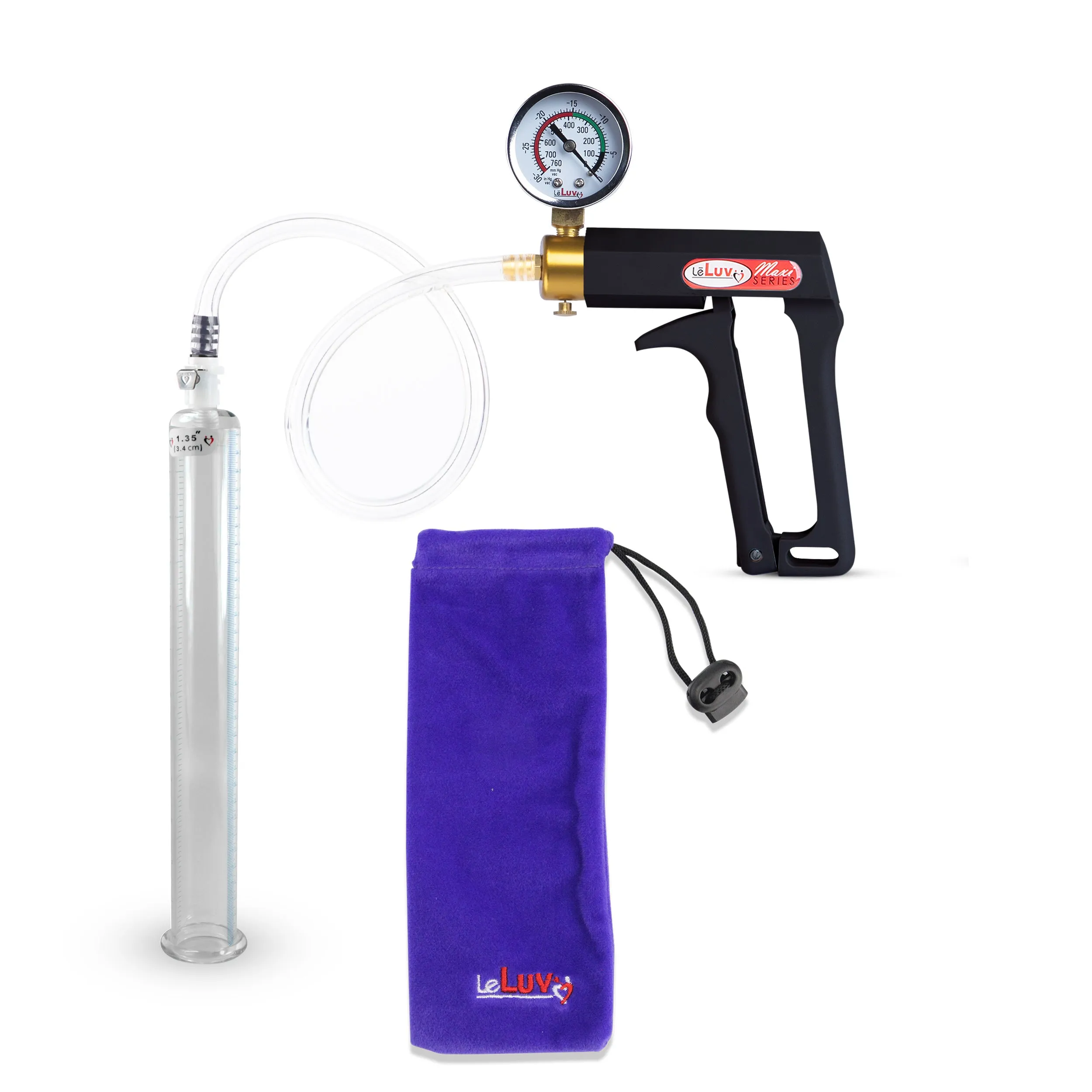 LeLuv Maxi Penis Pump | Black Handle, Clear Hose, Gauge/Protected Gauge | Round Flange Cylinder
