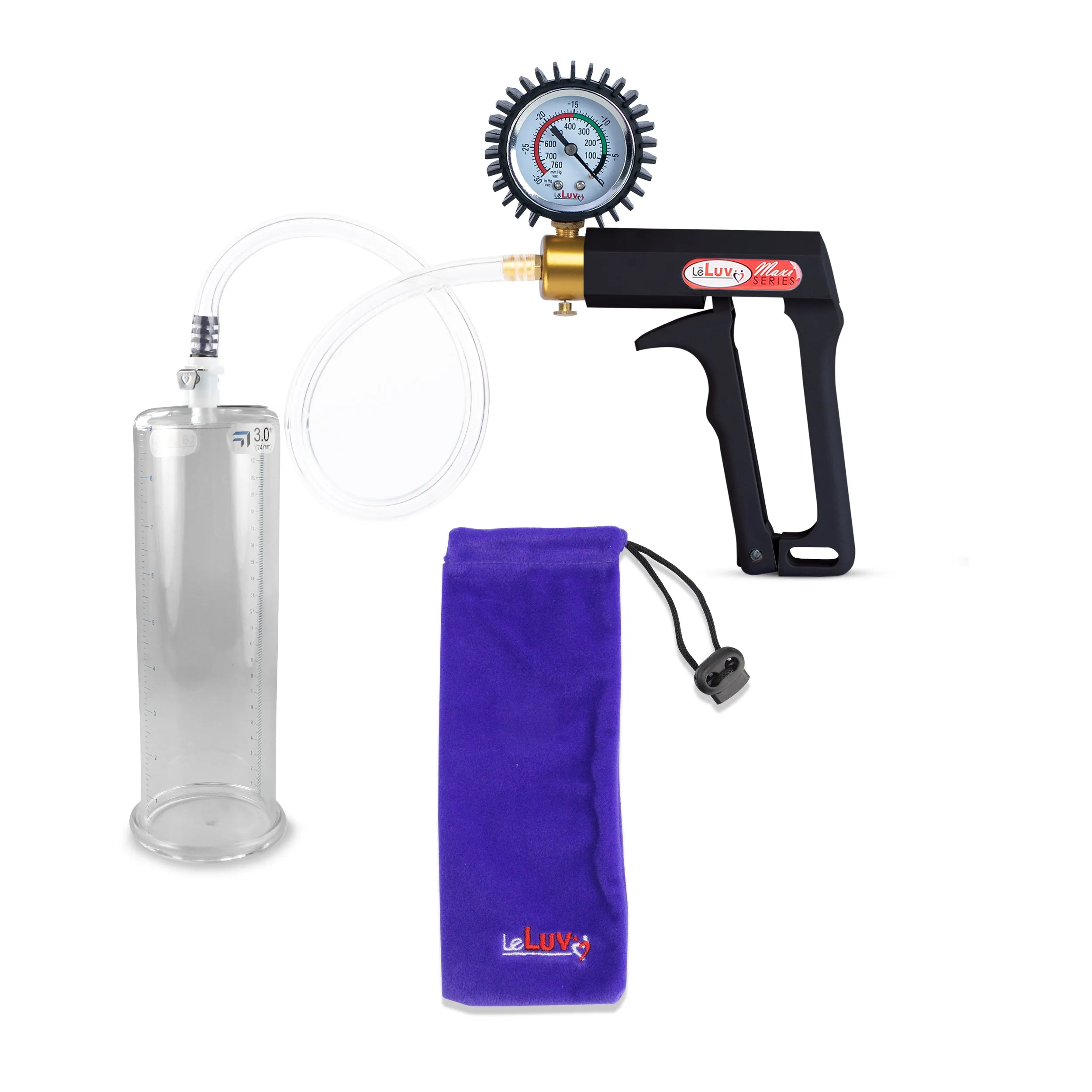 LeLuv Maxi Penis Pump | Black Handle, Clear Hose, Gauge/Protected Gauge | Round Flange Cylinder