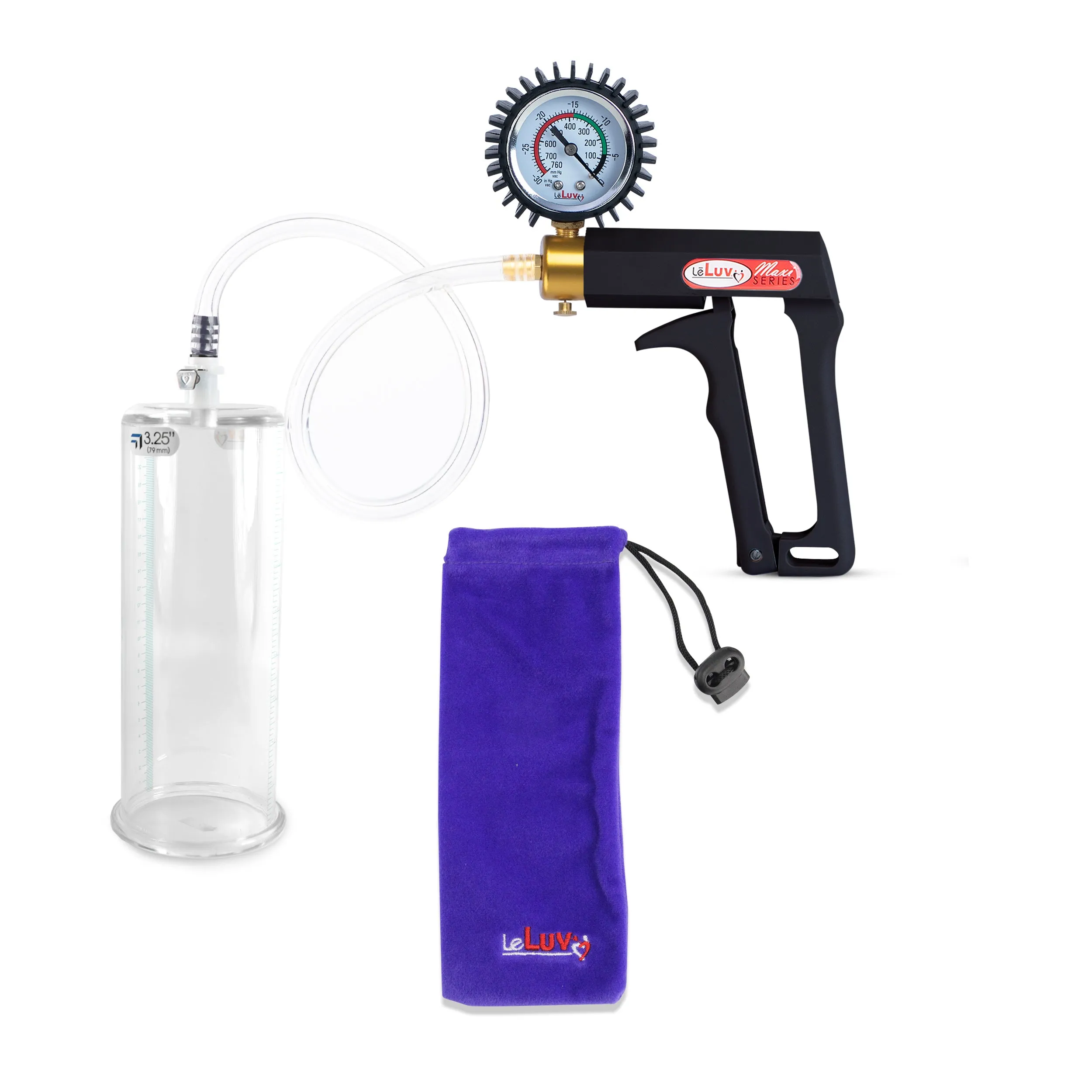 LeLuv Maxi Penis Pump | Black Handle, Clear Hose, Gauge/Protected Gauge | Round Flange Cylinder
