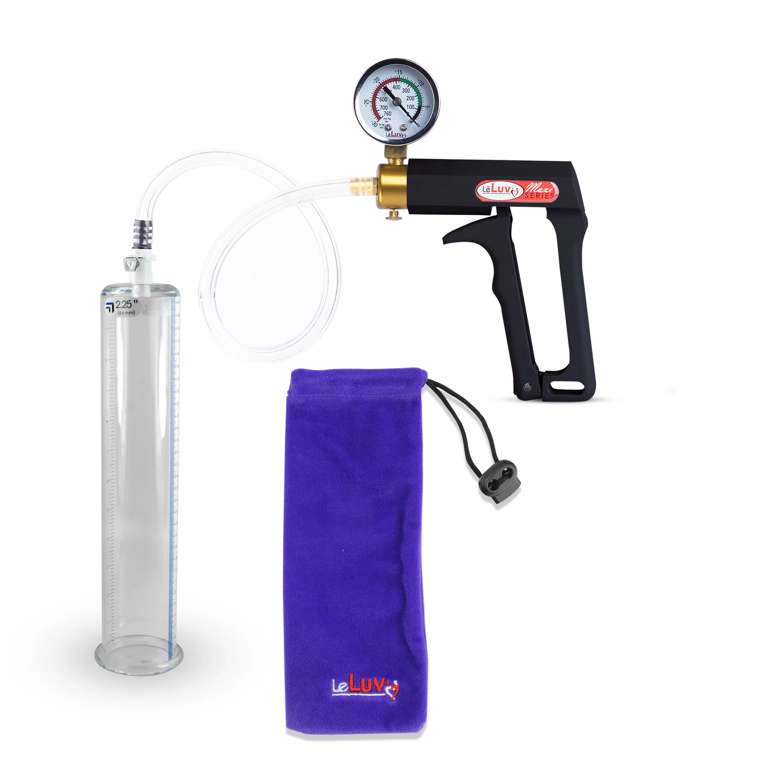 LeLuv Maxi Penis Pump | Black Handle, Clear Hose, Gauge/Protected Gauge | Round Flange Cylinder