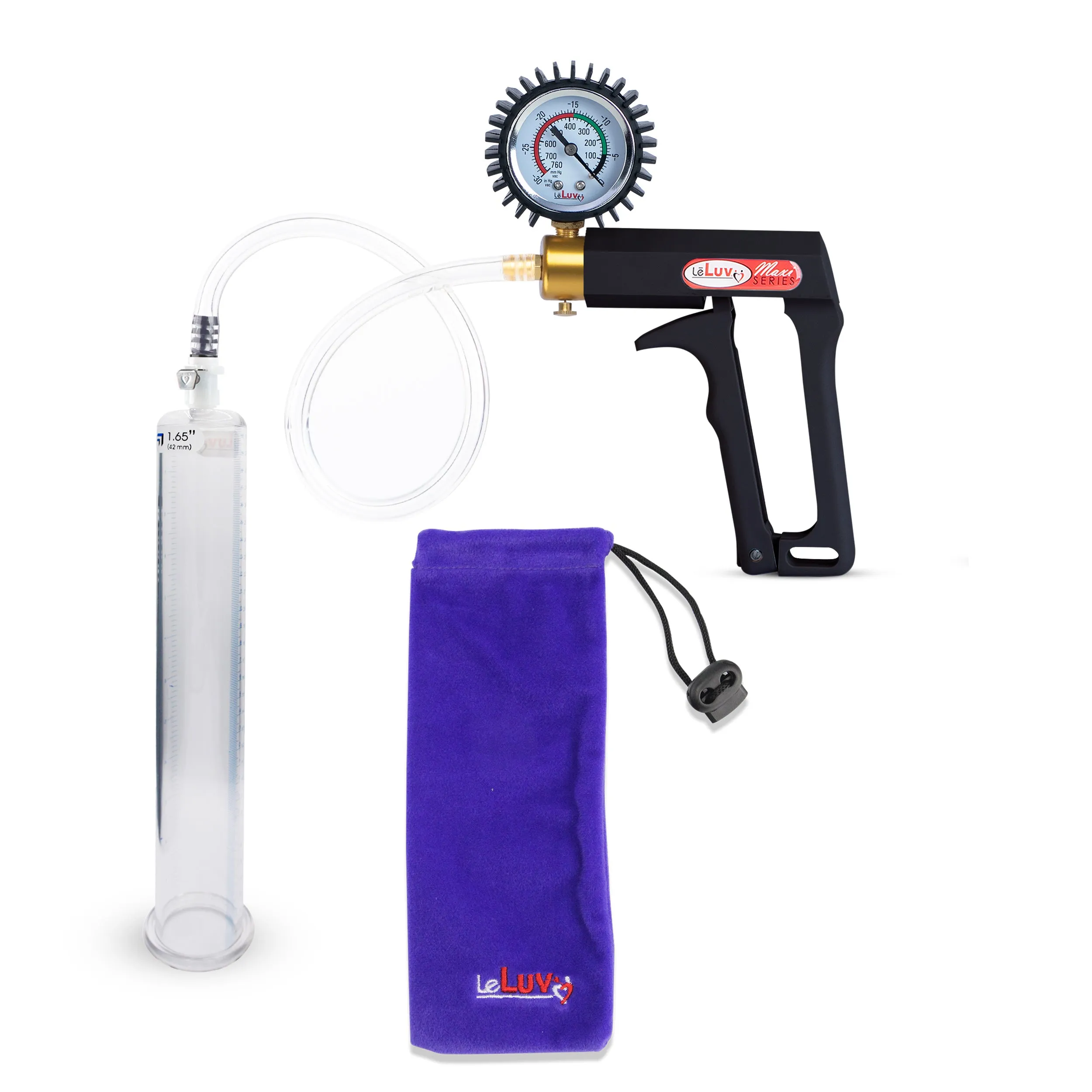 LeLuv Maxi Penis Pump | Black Handle, Clear Hose, Gauge/Protected Gauge | Round Flange Cylinder