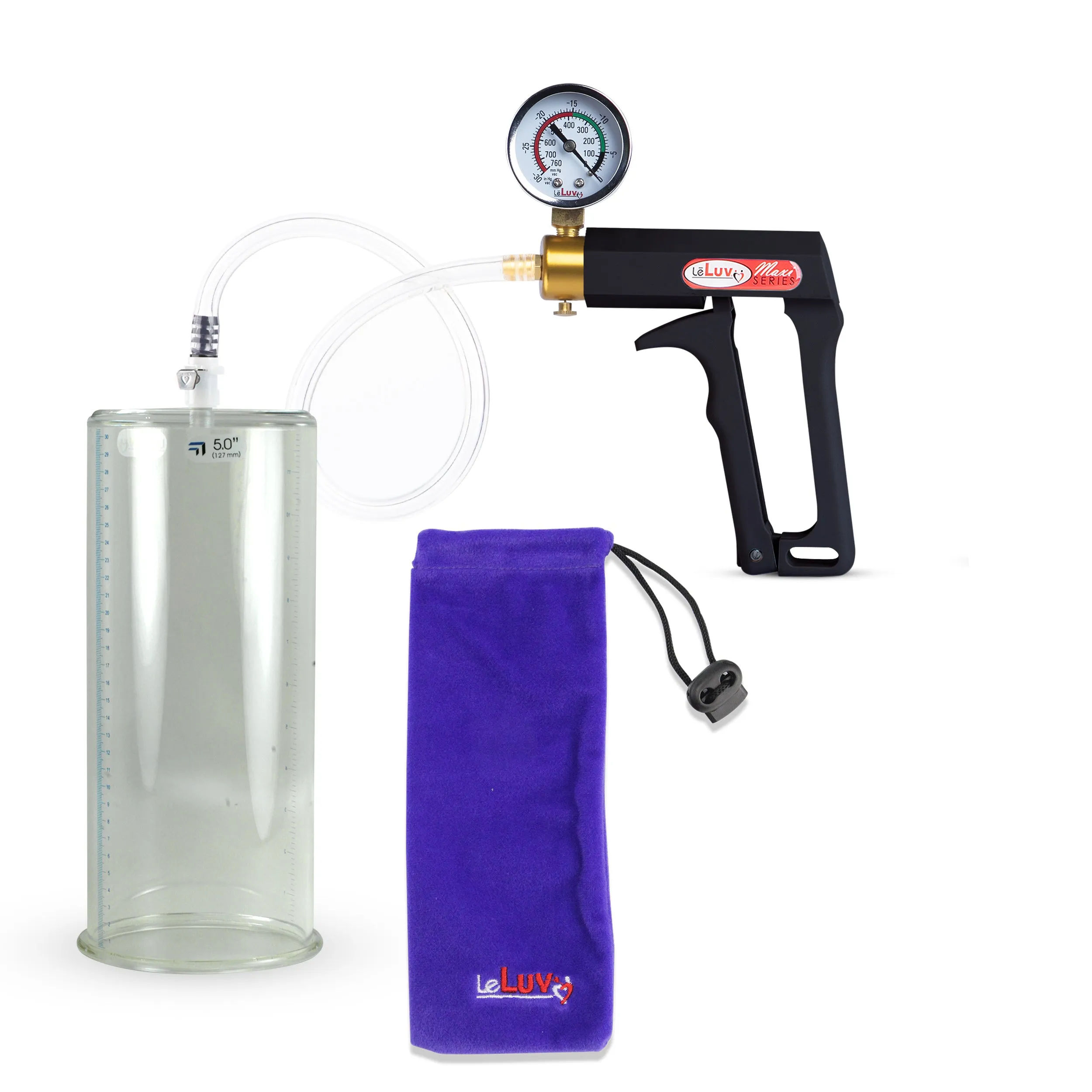 LeLuv Maxi Penis Pump | Black Handle, Clear Hose, Gauge/Protected Gauge | Round Flange Cylinder