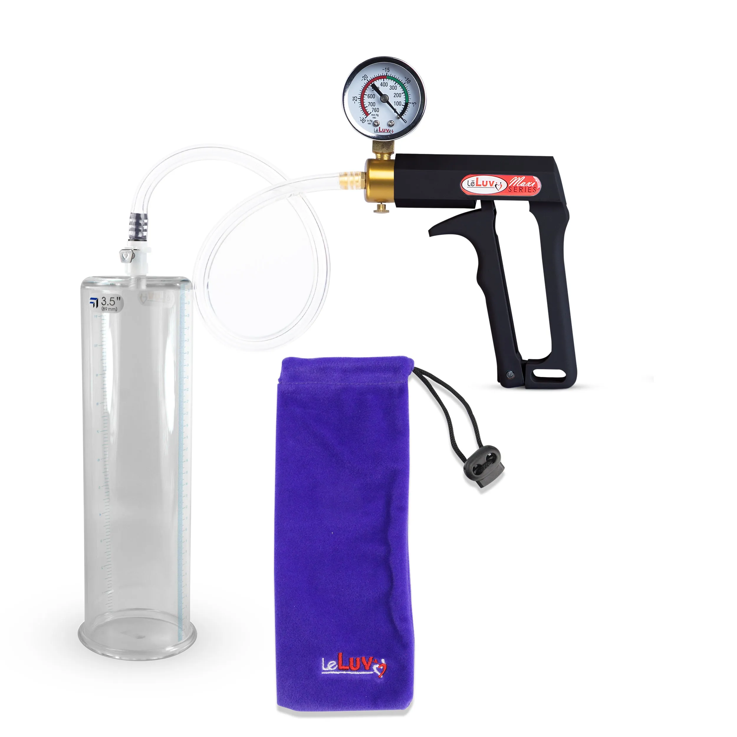 LeLuv Maxi Penis Pump | Black Handle, Clear Hose, Gauge/Protected Gauge | Round Flange Cylinder