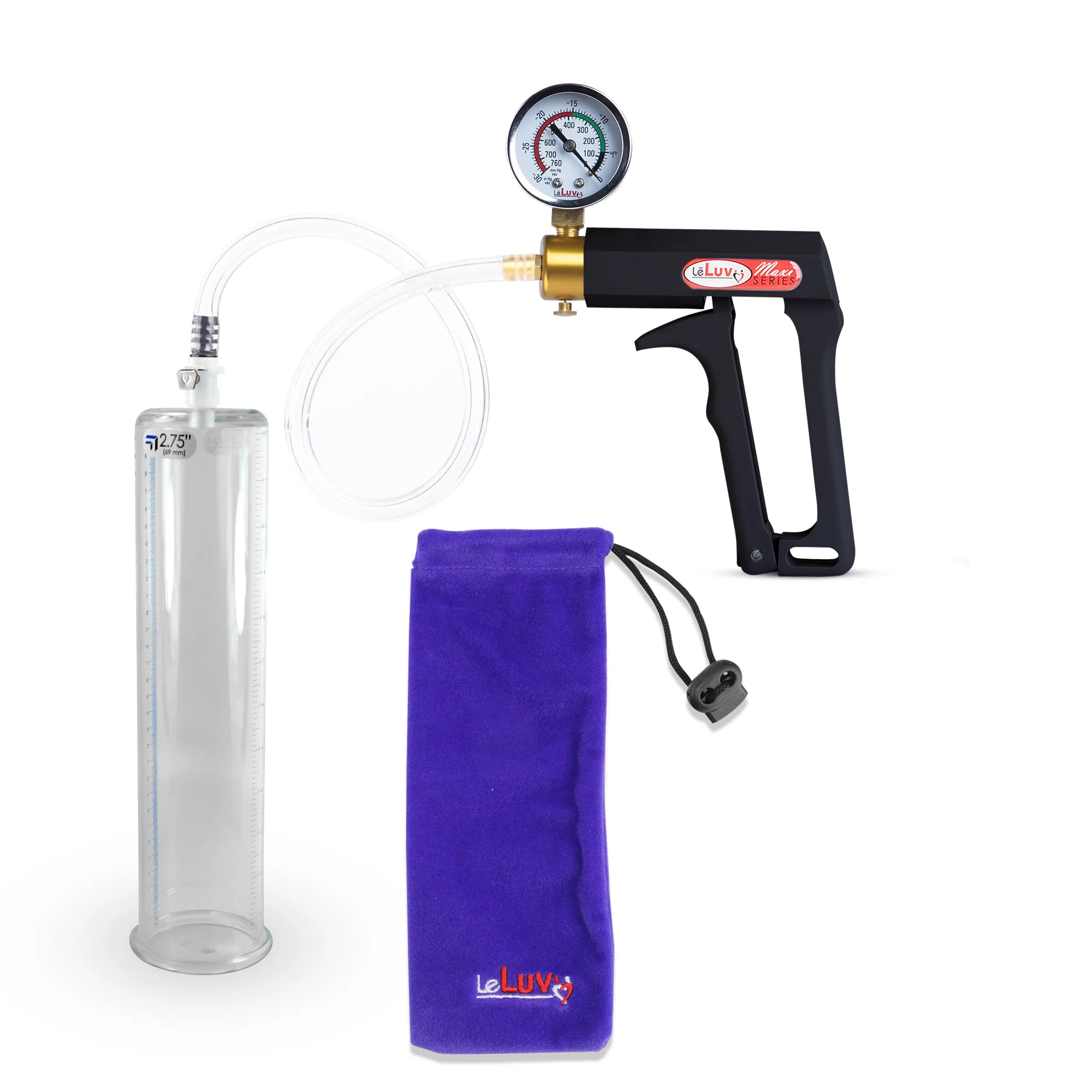 LeLuv Maxi Penis Pump | Black Handle, Clear Hose, Gauge/Protected Gauge | Round Flange Cylinder