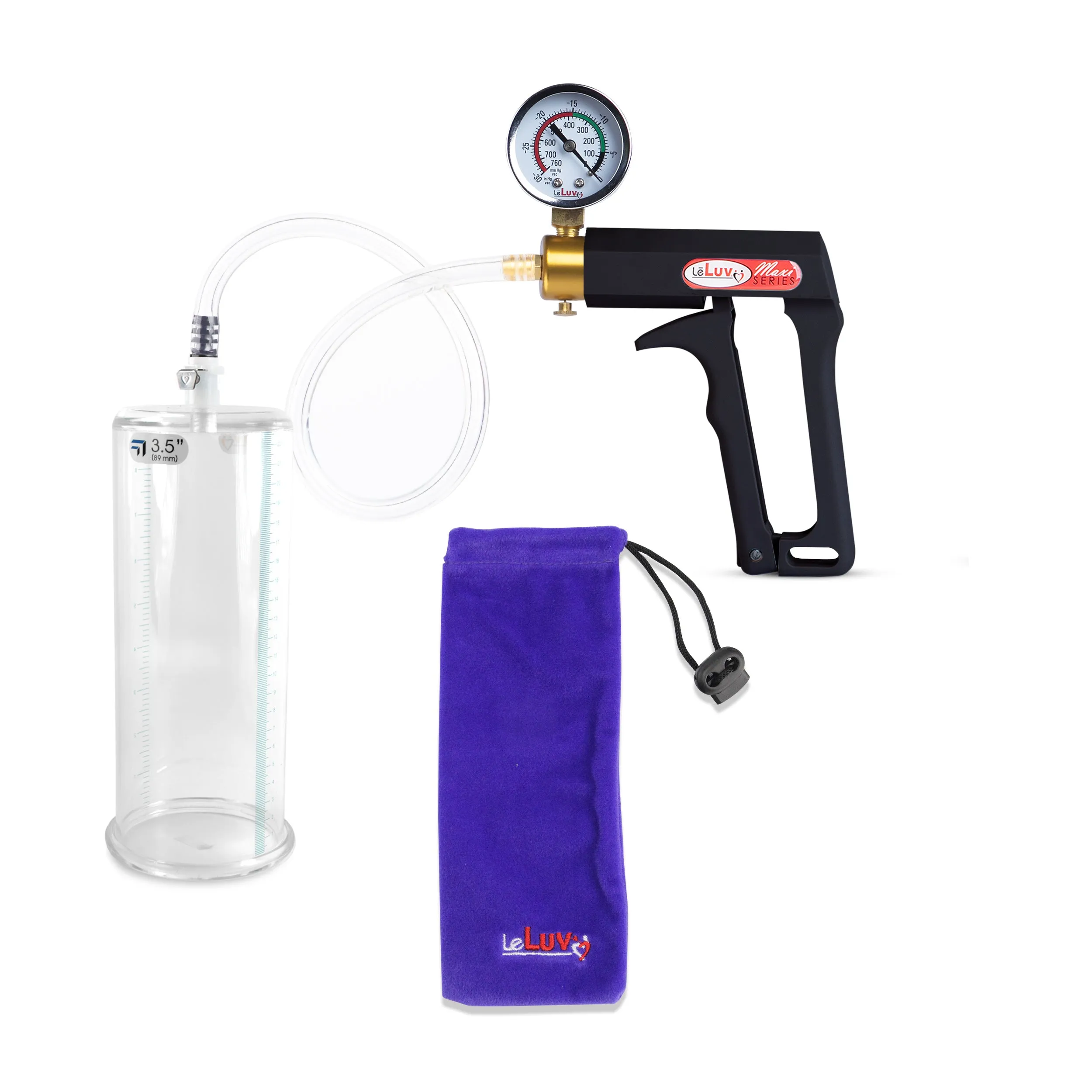 LeLuv Maxi Penis Pump | Black Handle, Clear Hose, Gauge/Protected Gauge | Round Flange Cylinder