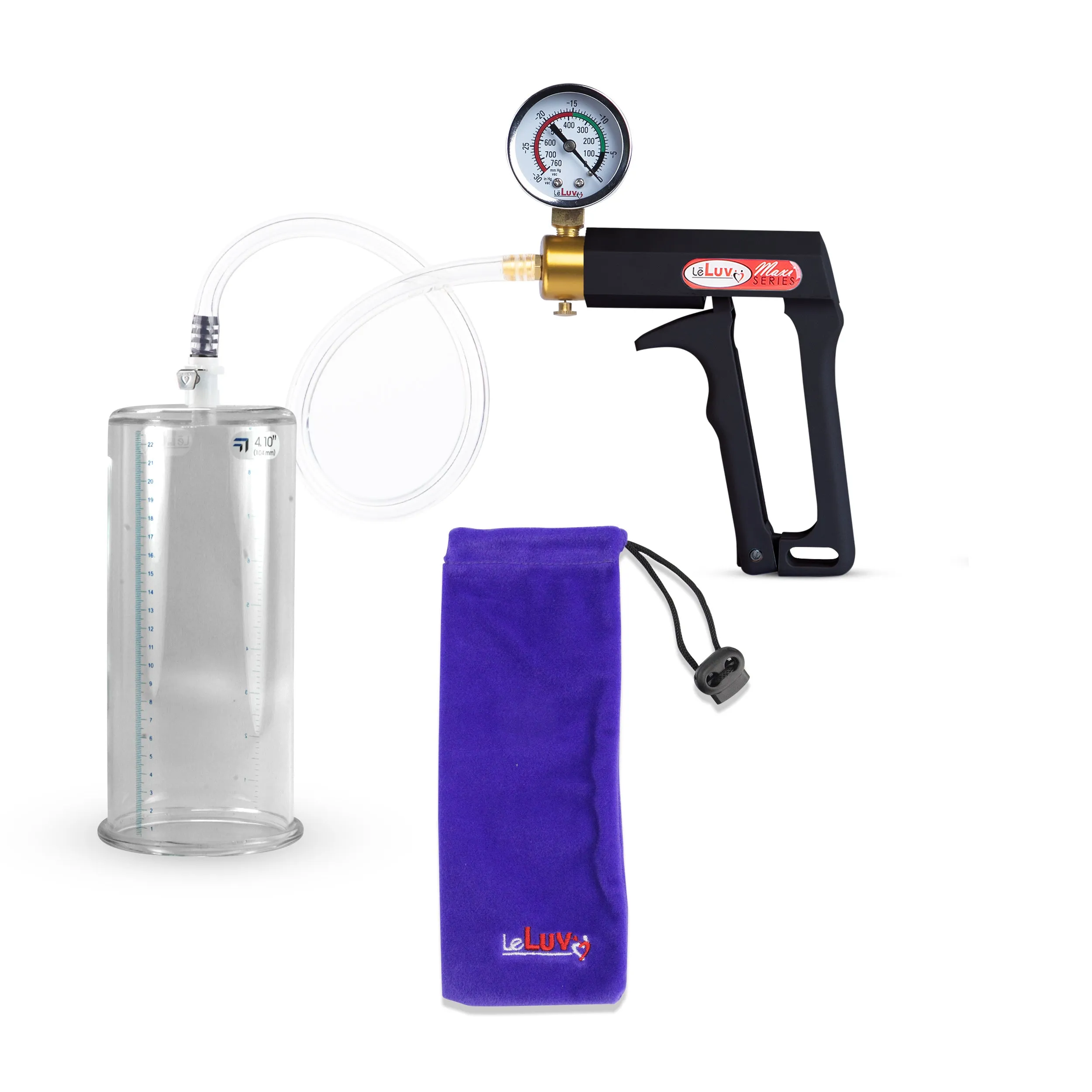 LeLuv Maxi Penis Pump | Black Handle, Clear Hose, Gauge/Protected Gauge | Round Flange Cylinder