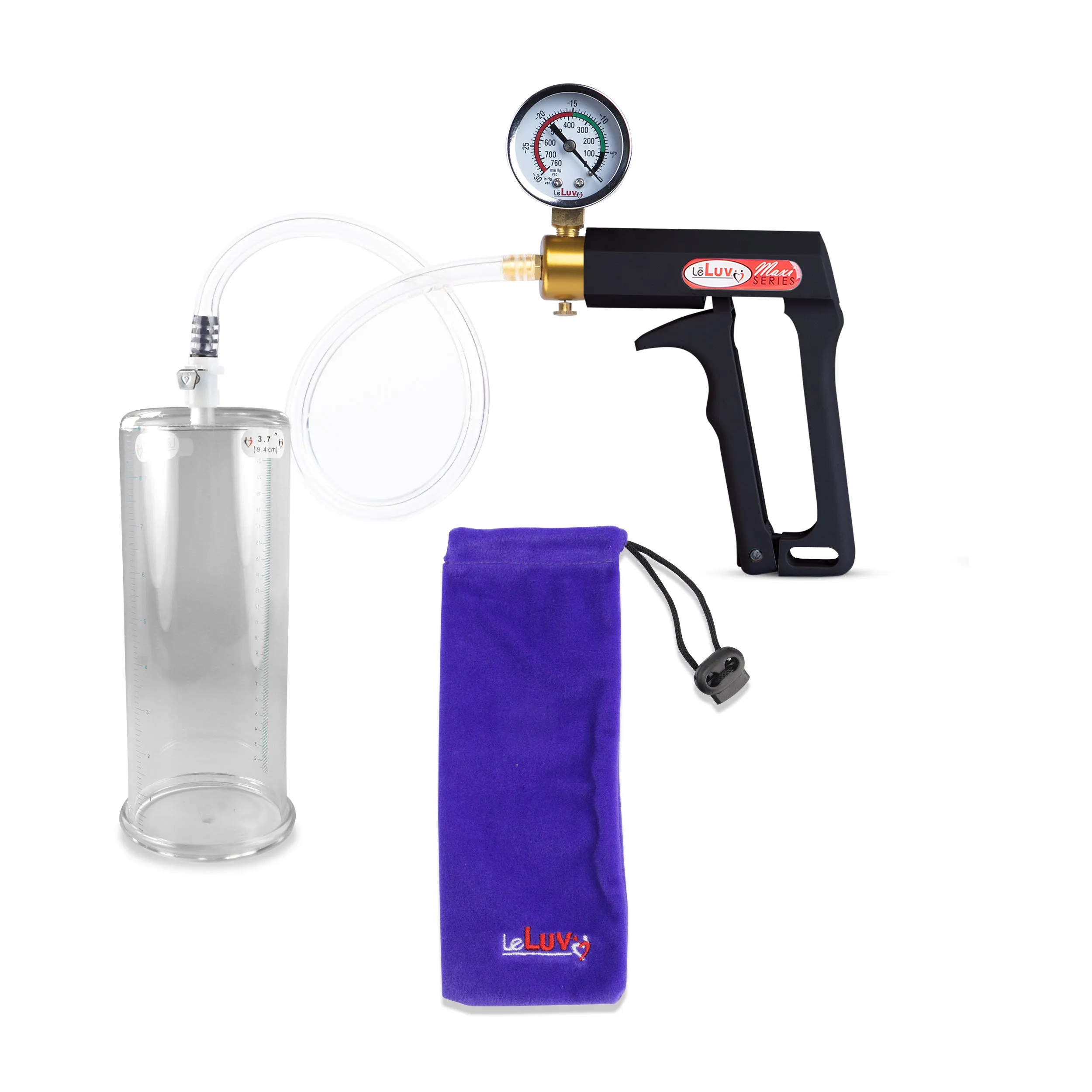 LeLuv Maxi Penis Pump | Black Handle, Clear Hose, Gauge/Protected Gauge | Round Flange Cylinder