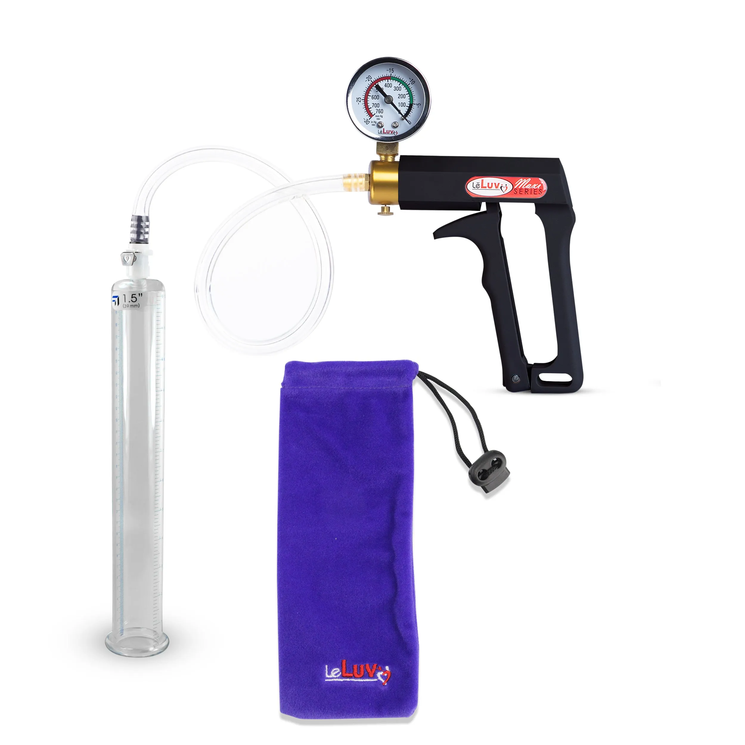 LeLuv Maxi Penis Pump | Black Handle, Clear Hose, Gauge/Protected Gauge | Round Flange Cylinder