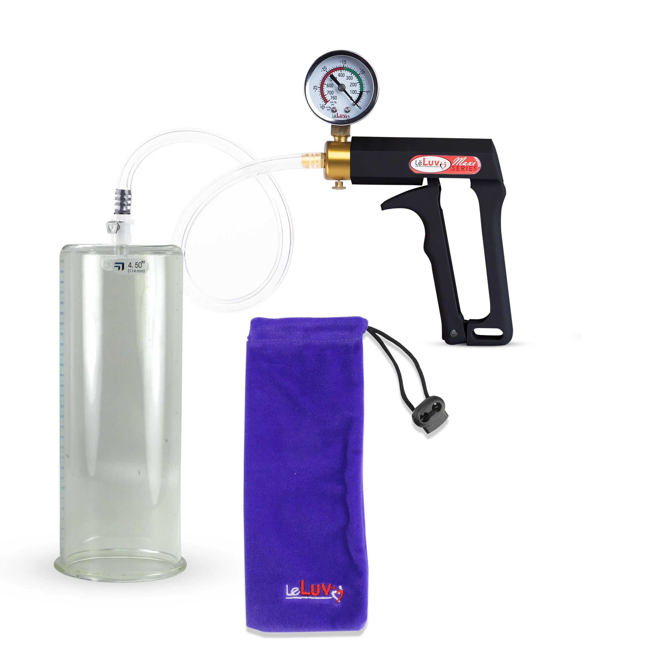 LeLuv Maxi Penis Pump | Black Handle, Clear Hose, Gauge/Protected Gauge | Round Flange Cylinder