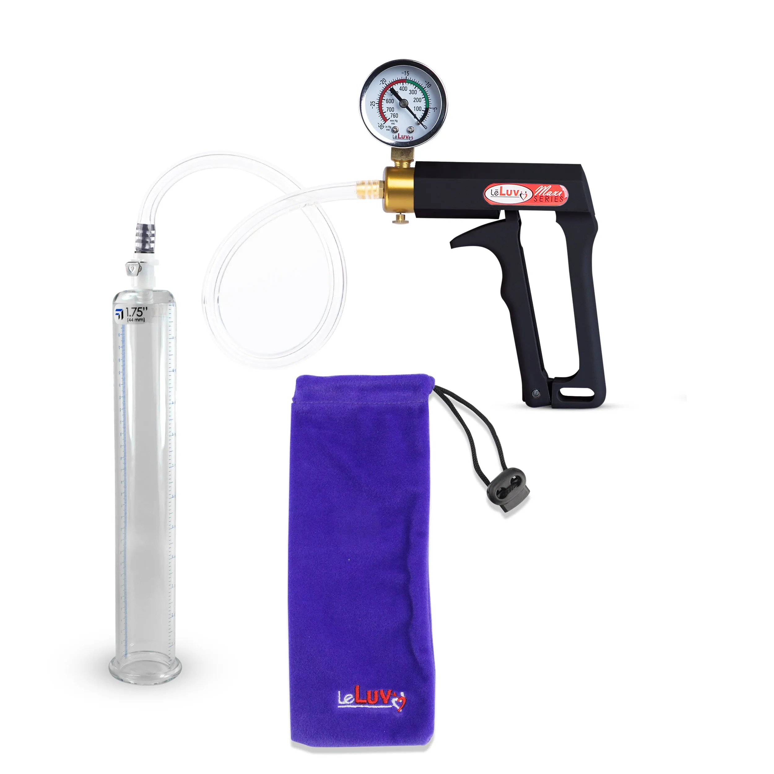 LeLuv Maxi Penis Pump | Black Handle, Clear Hose, Gauge/Protected Gauge | Round Flange Cylinder