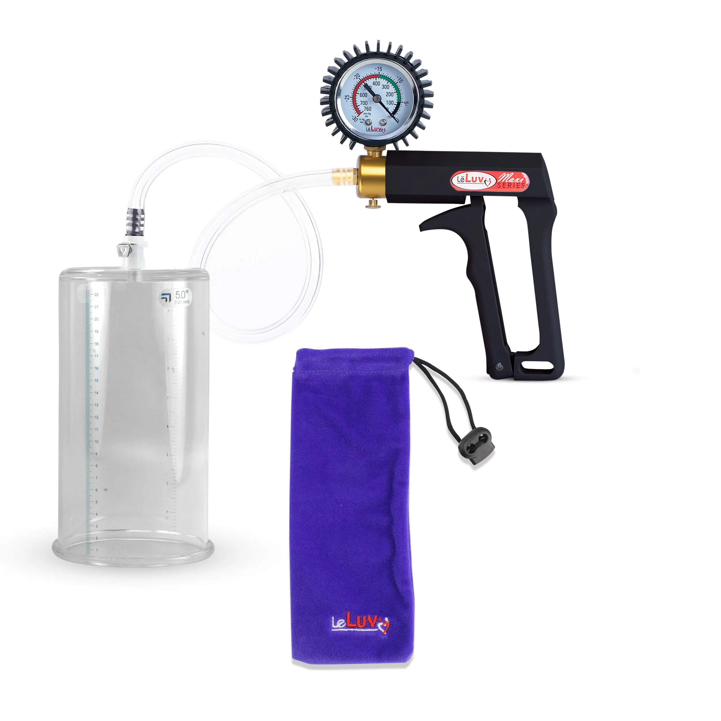 LeLuv Maxi Penis Pump | Black Handle, Clear Hose, Gauge/Protected Gauge | Round Flange Cylinder