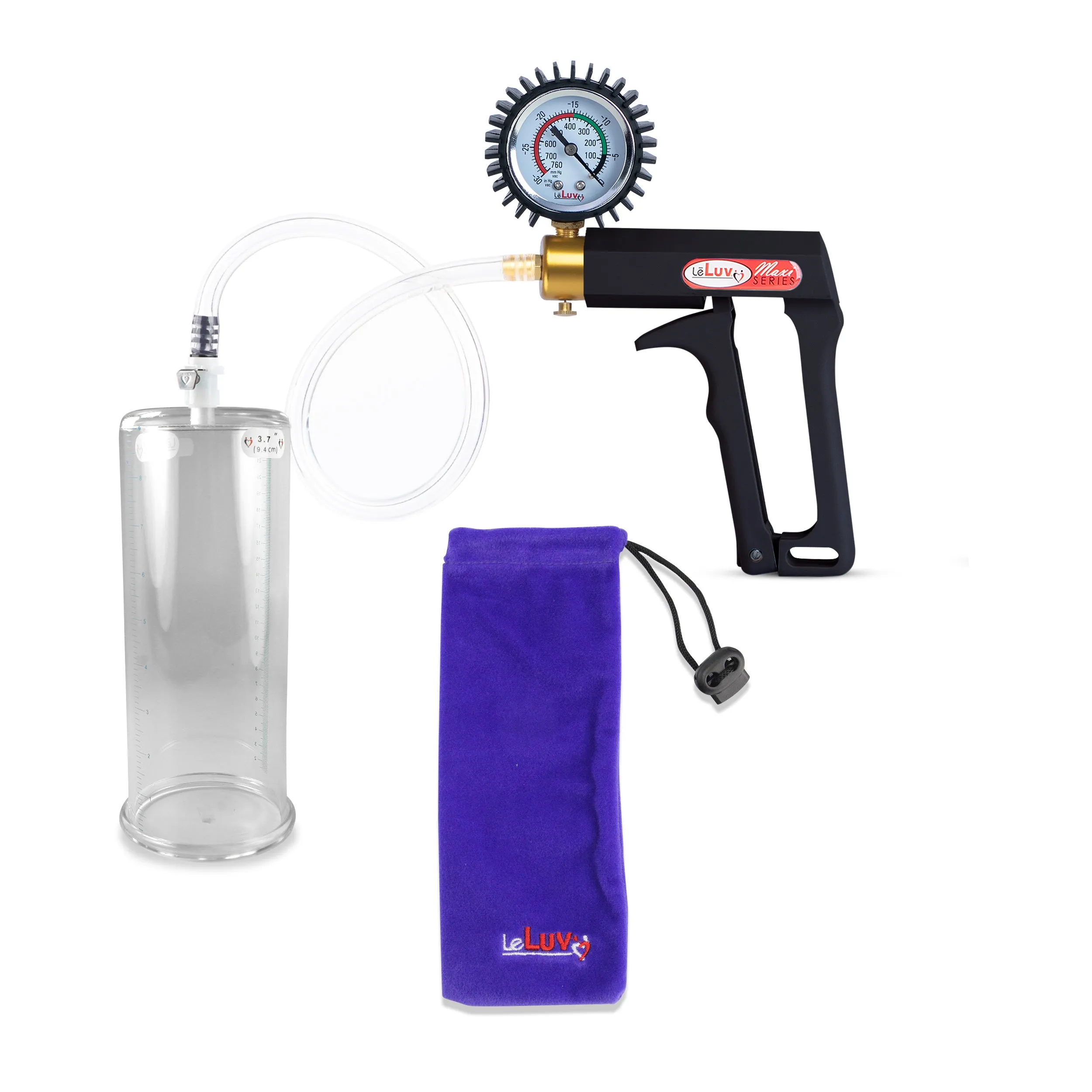 LeLuv Maxi Penis Pump | Black Handle, Clear Hose, Gauge/Protected Gauge | Round Flange Cylinder