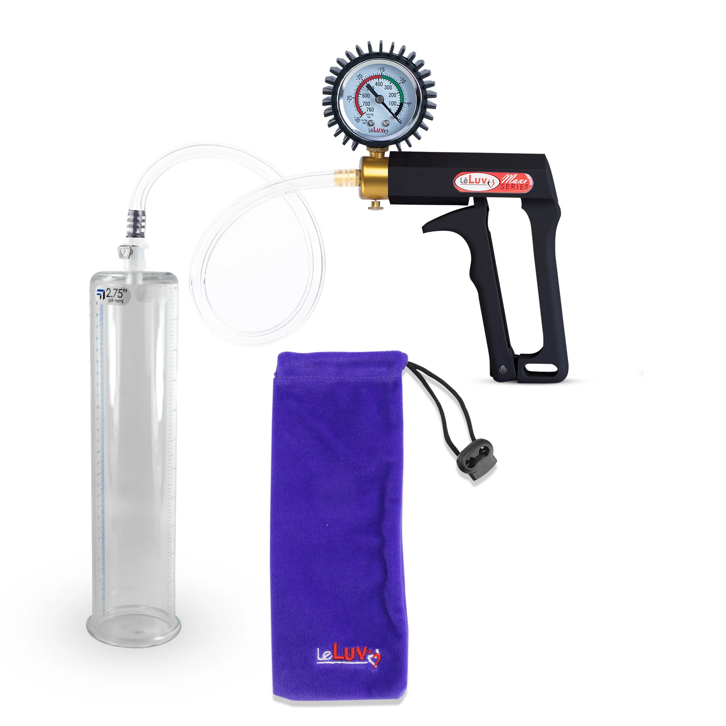 LeLuv Maxi Penis Pump | Black Handle, Clear Hose, Gauge/Protected Gauge | Round Flange Cylinder