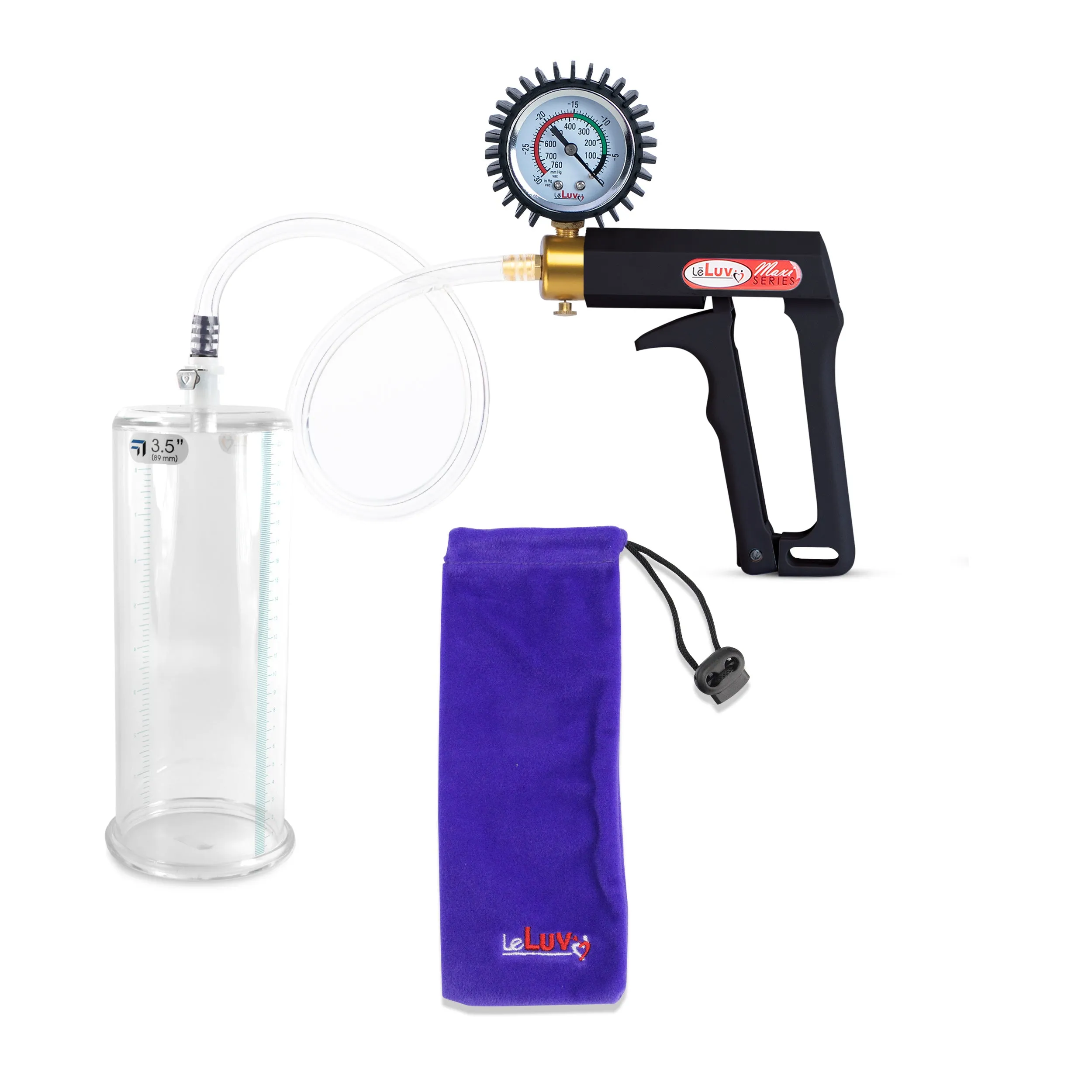 LeLuv Maxi Penis Pump | Black Handle, Clear Hose, Gauge/Protected Gauge | Round Flange Cylinder