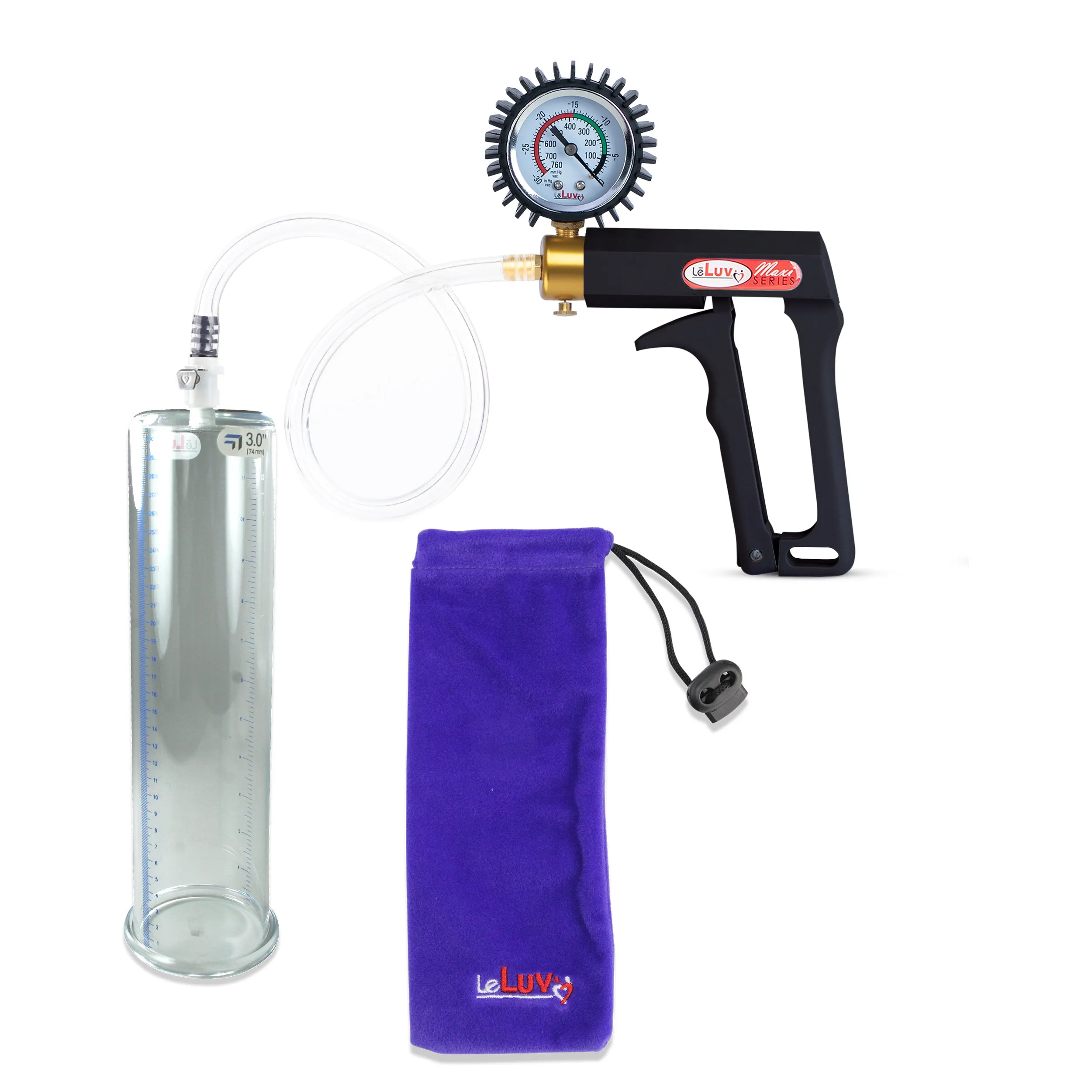 LeLuv Maxi Penis Pump | Black Handle, Clear Hose, Gauge/Protected Gauge | Round Flange Cylinder