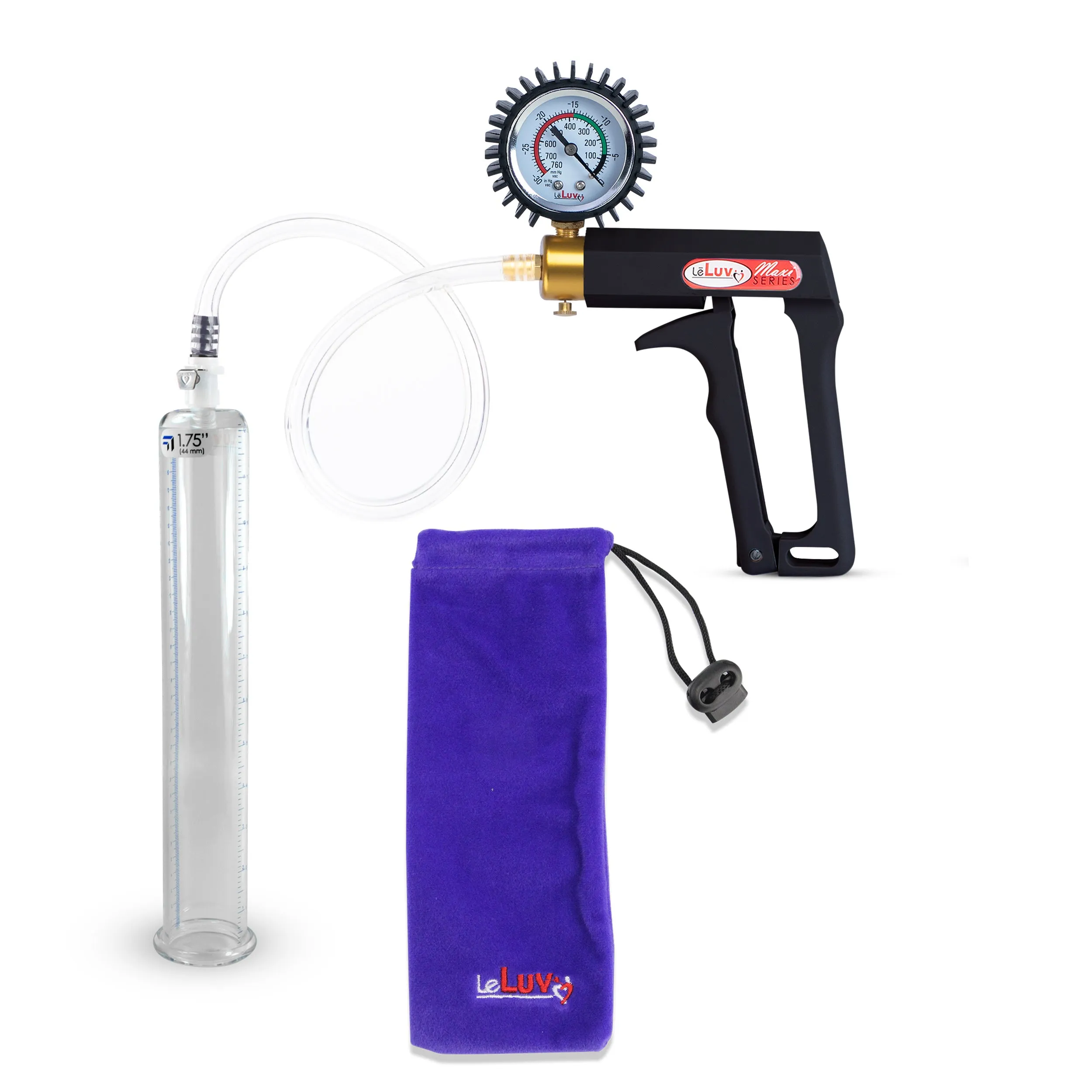 LeLuv Maxi Penis Pump | Black Handle, Clear Hose, Gauge/Protected Gauge | Round Flange Cylinder