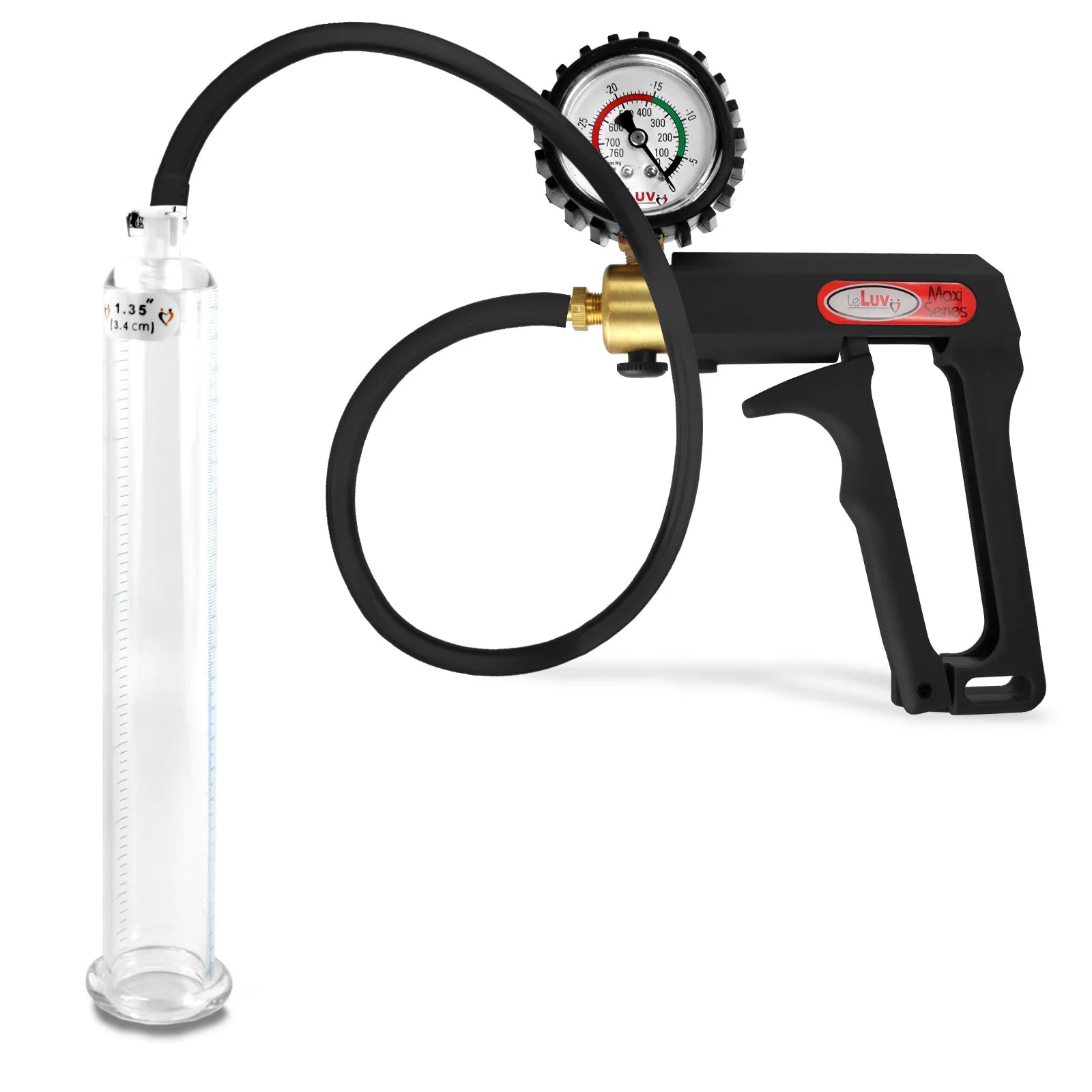 LeLuv Maxi Penis Pump | Black Handle, Silicone Hose, Gauge/Protected Gauge | Round Flange Cylinder