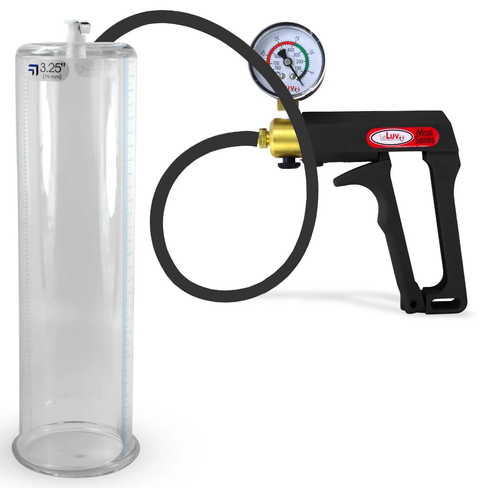 LeLuv Maxi Penis Pump | Black Handle, Silicone Hose, Gauge/Protected Gauge | Round Flange Cylinder