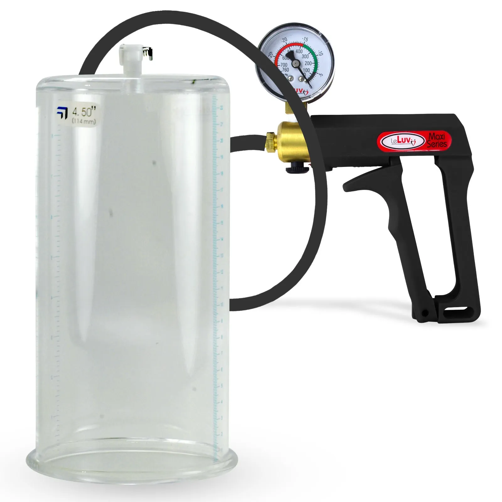LeLuv Maxi Penis Pump | Black Handle, Silicone Hose, Gauge/Protected Gauge | Round Flange Cylinder