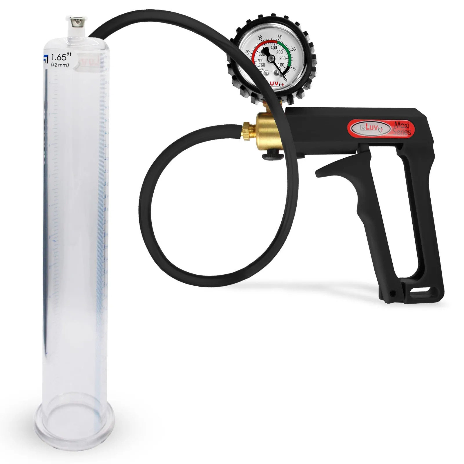 LeLuv Maxi Penis Pump | Black Handle, Silicone Hose, Gauge/Protected Gauge | Round Flange Cylinder