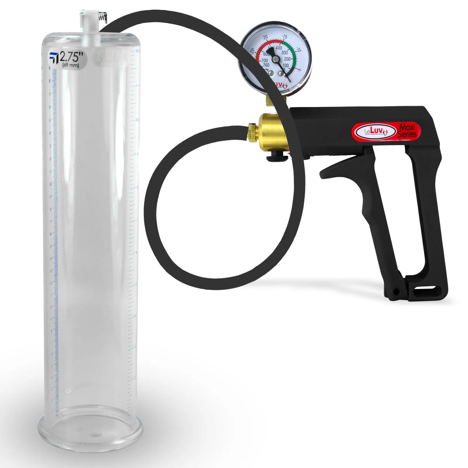 LeLuv Maxi Penis Pump | Black Handle, Silicone Hose, Gauge/Protected Gauge | Round Flange Cylinder