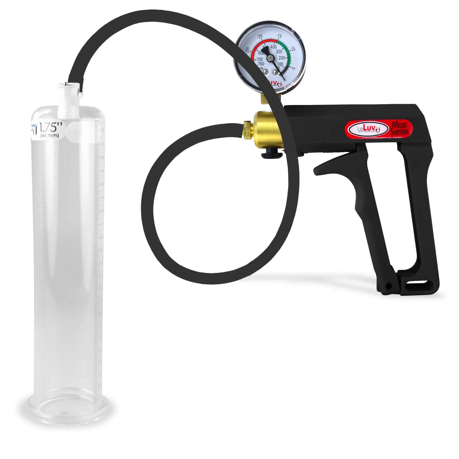 LeLuv Maxi Penis Pump | Black Handle, Silicone Hose, Gauge/Protected Gauge | Round Flange Cylinder