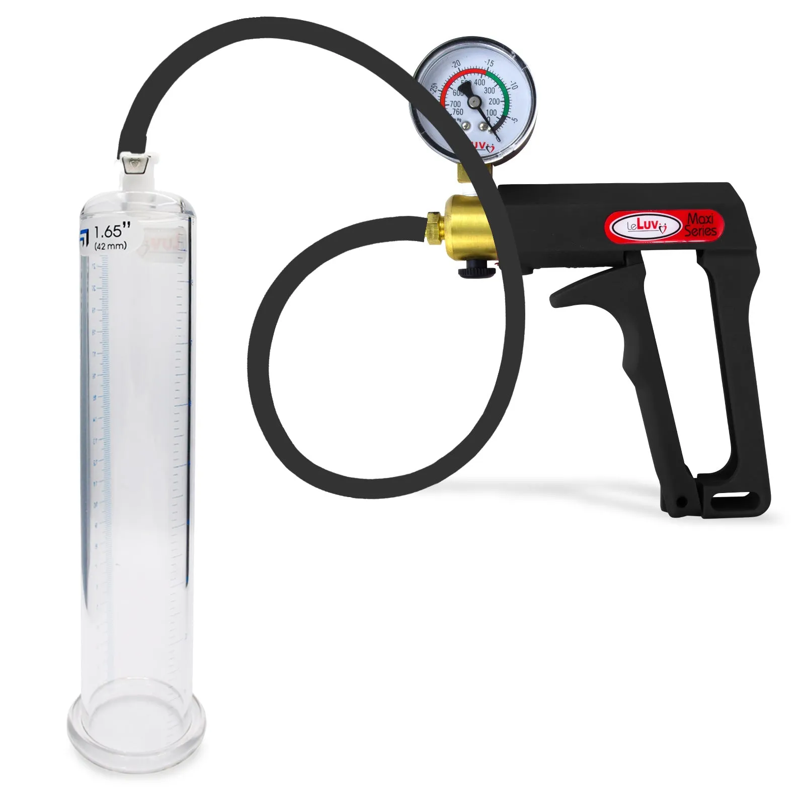 LeLuv Maxi Penis Pump | Black Handle, Silicone Hose, Gauge/Protected Gauge | Round Flange Cylinder