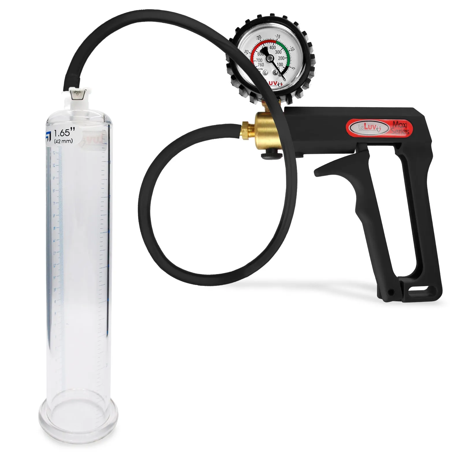 LeLuv Maxi Penis Pump | Black Handle, Silicone Hose, Gauge/Protected Gauge | Round Flange Cylinder