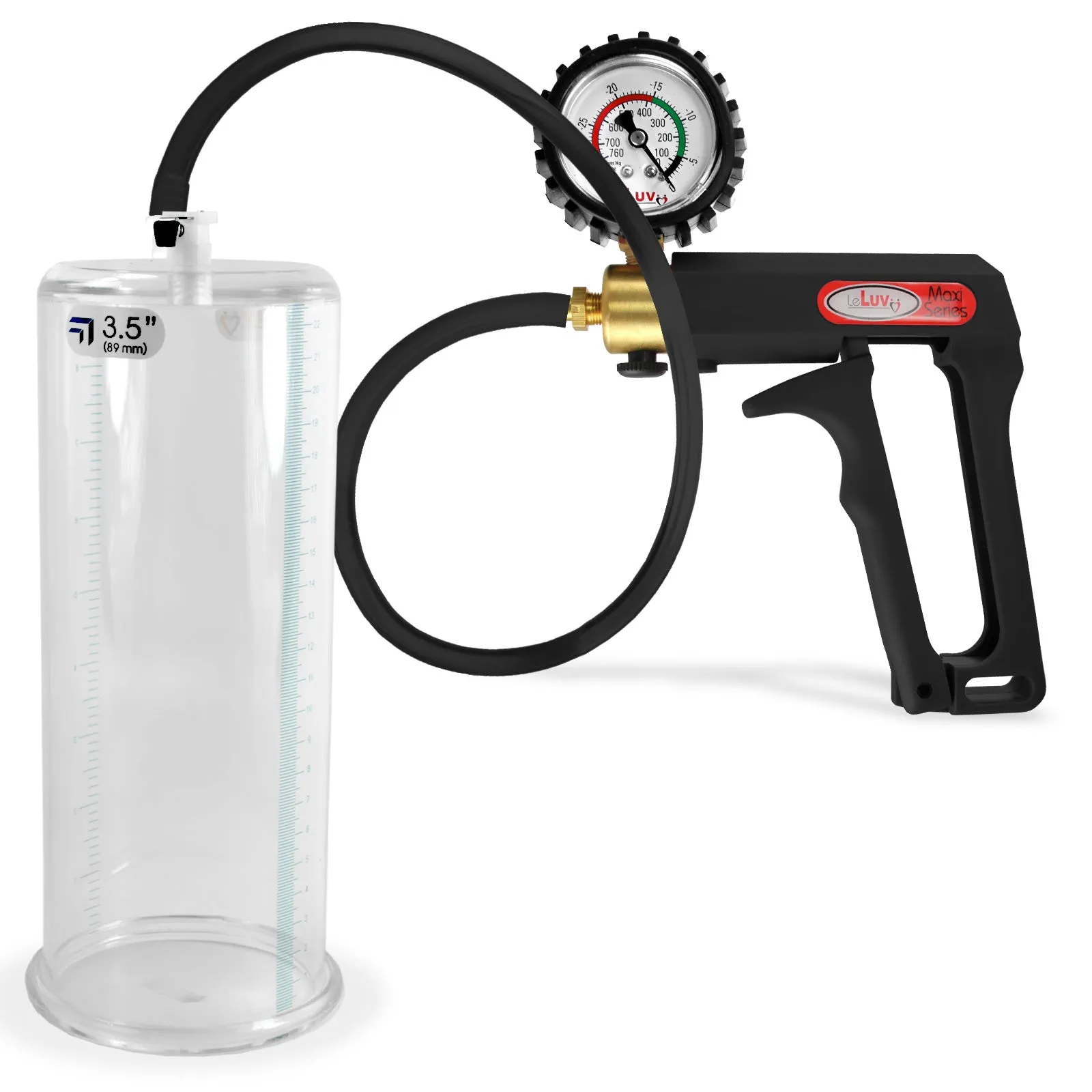 LeLuv Maxi Penis Pump | Black Handle, Silicone Hose, Gauge/Protected Gauge | Round Flange Cylinder