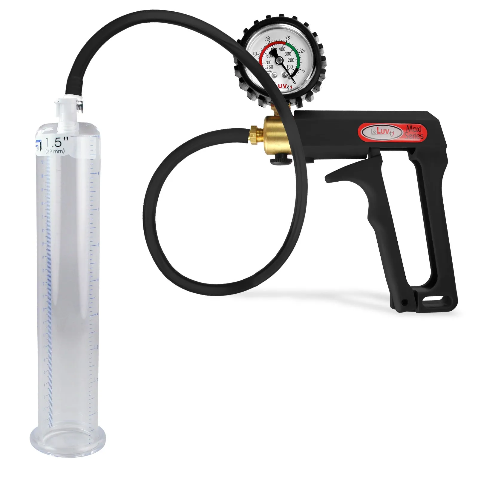 LeLuv Maxi Penis Pump | Black Handle, Silicone Hose, Gauge/Protected Gauge | Round Flange Cylinder