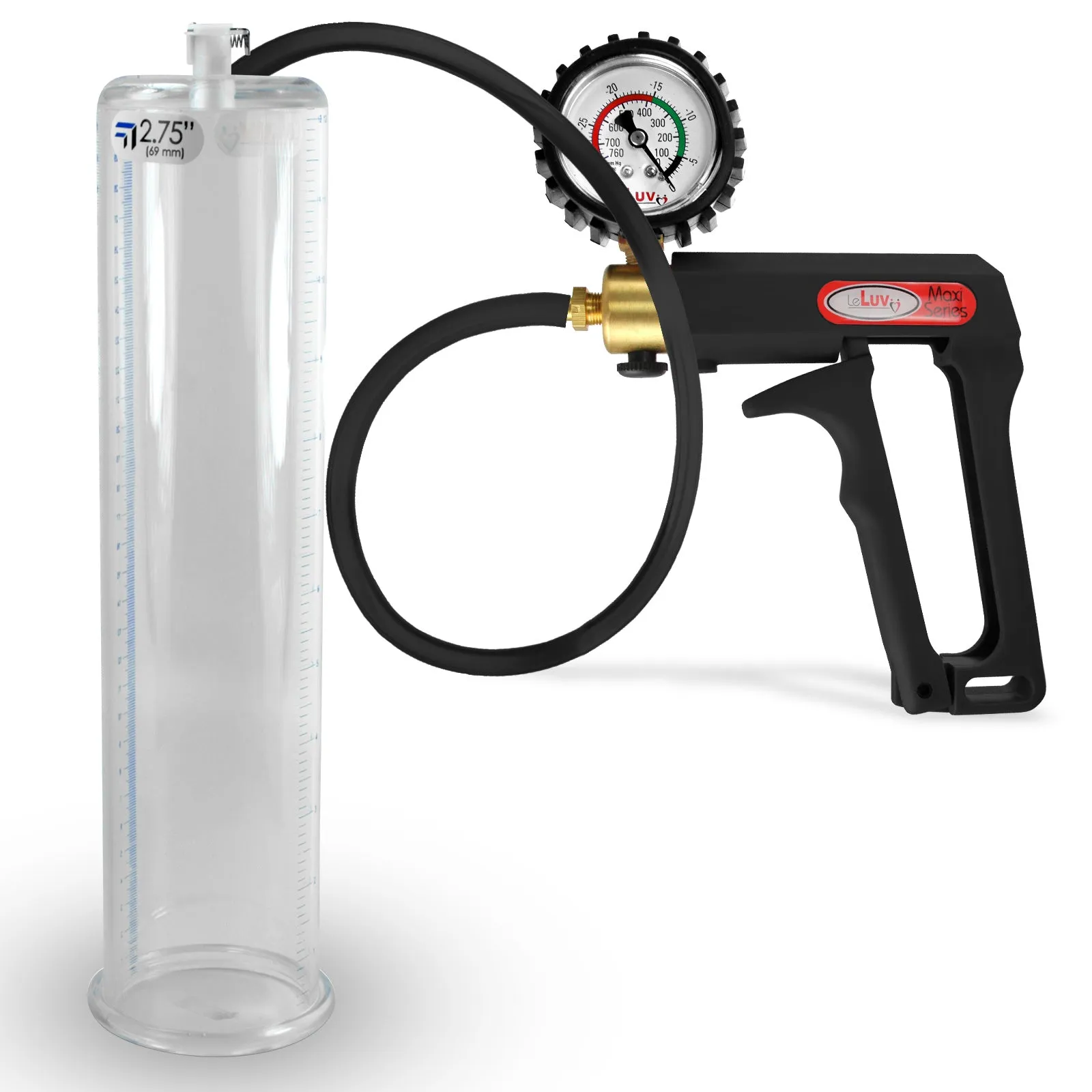 LeLuv Maxi Penis Pump | Black Handle, Silicone Hose, Gauge/Protected Gauge | Round Flange Cylinder