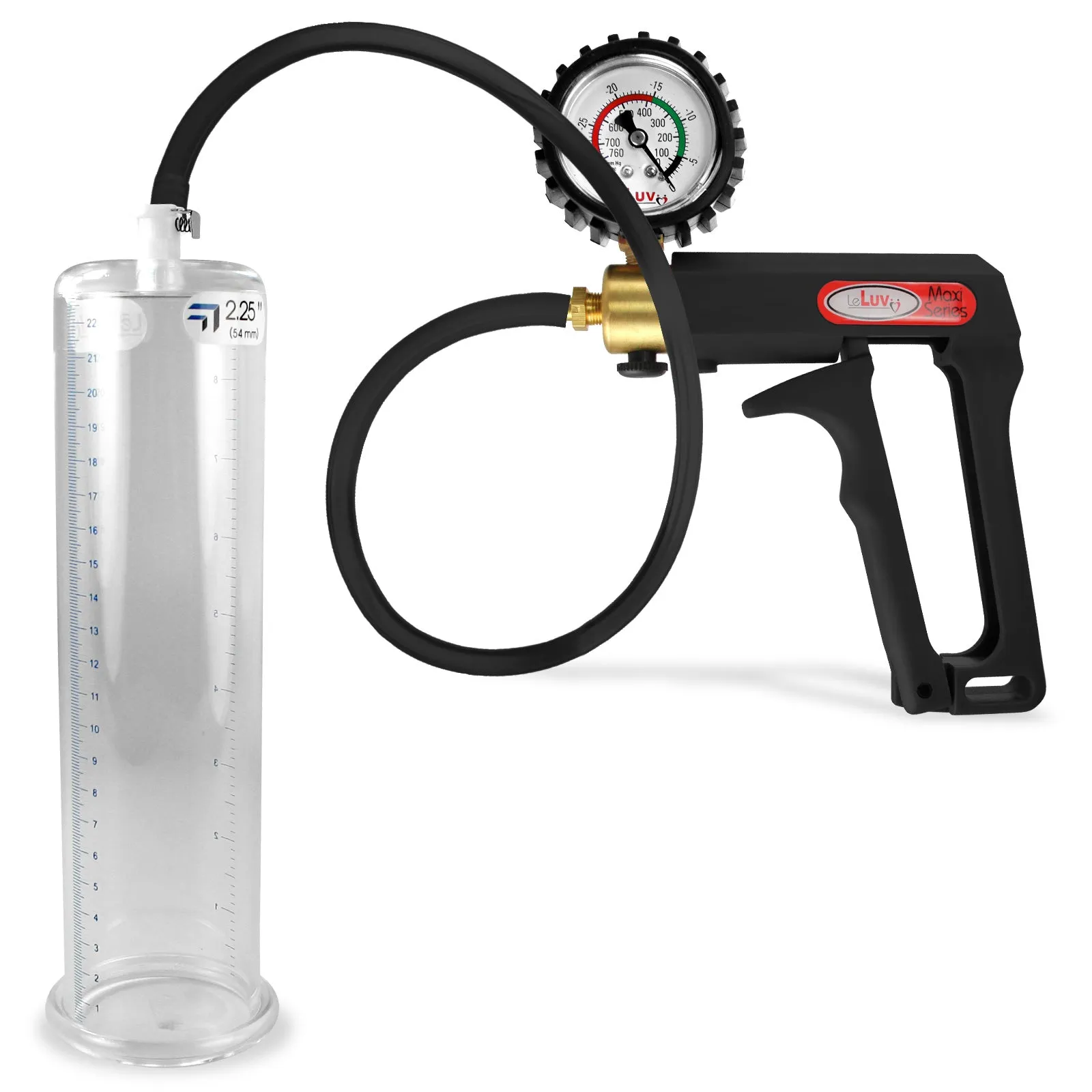 LeLuv Maxi Penis Pump | Black Handle, Silicone Hose, Gauge/Protected Gauge | Round Flange Cylinder