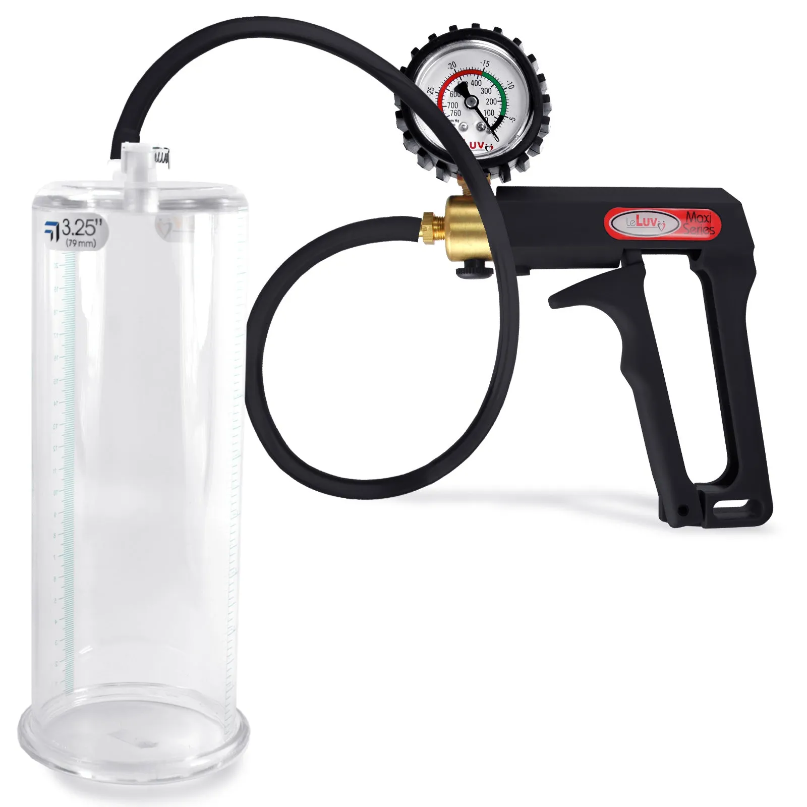 LeLuv Maxi Penis Pump | Black Handle, Silicone Hose, Gauge/Protected Gauge | Round Flange Cylinder