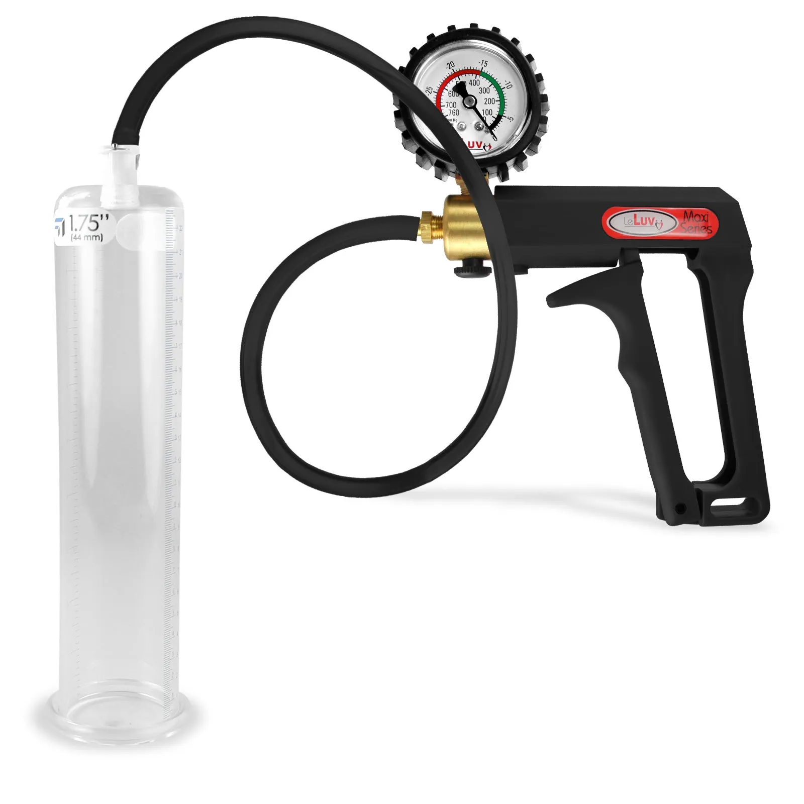 LeLuv Maxi Penis Pump | Black Handle, Silicone Hose, Gauge/Protected Gauge | Round Flange Cylinder
