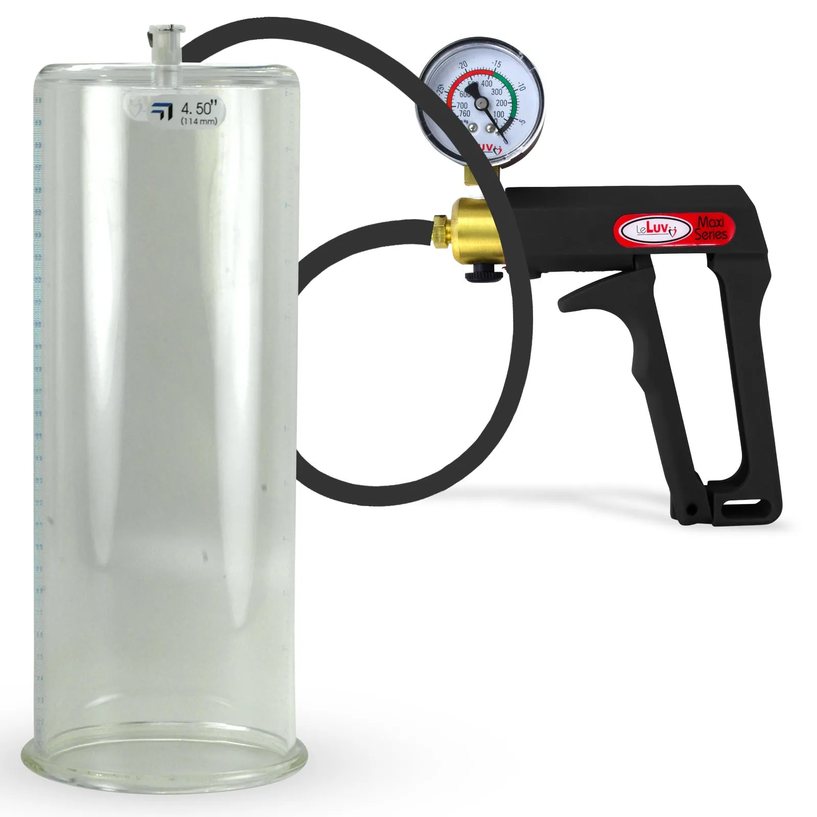 LeLuv Maxi Penis Pump | Black Handle, Silicone Hose, Gauge/Protected Gauge | Round Flange Cylinder