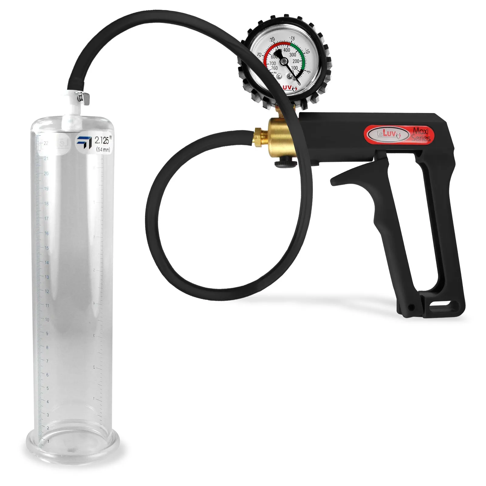 LeLuv Maxi Penis Pump | Black Handle, Silicone Hose, Gauge/Protected Gauge | Round Flange Cylinder
