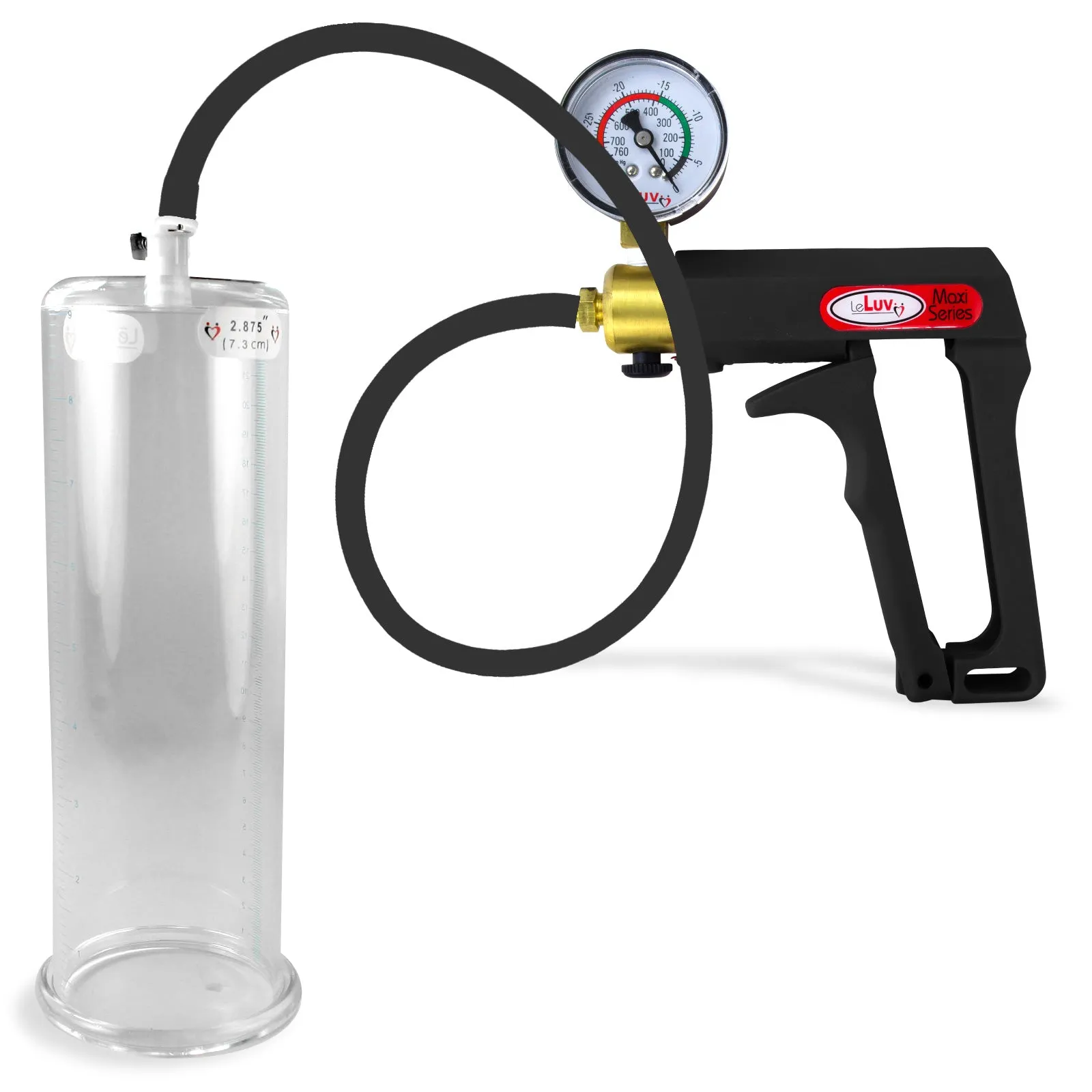 LeLuv Maxi Penis Pump | Black Handle, Silicone Hose, Gauge/Protected Gauge | Round Flange Cylinder