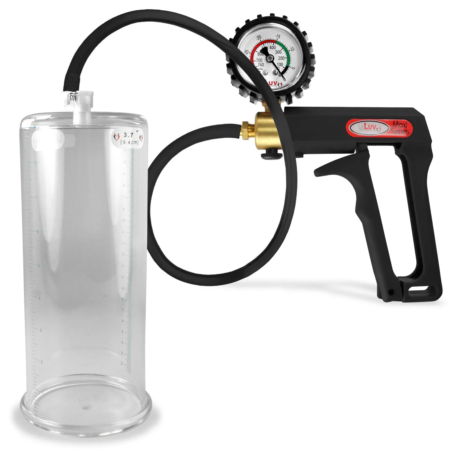 LeLuv Maxi Penis Pump | Black Handle, Silicone Hose, Gauge/Protected Gauge | Round Flange Cylinder