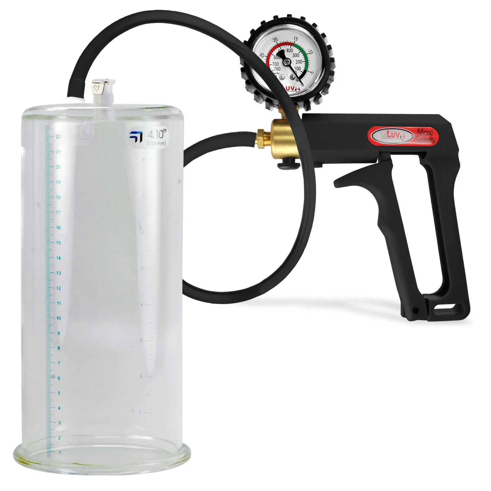 LeLuv Maxi Penis Pump | Black Handle, Silicone Hose, Gauge/Protected Gauge | Round Flange Cylinder
