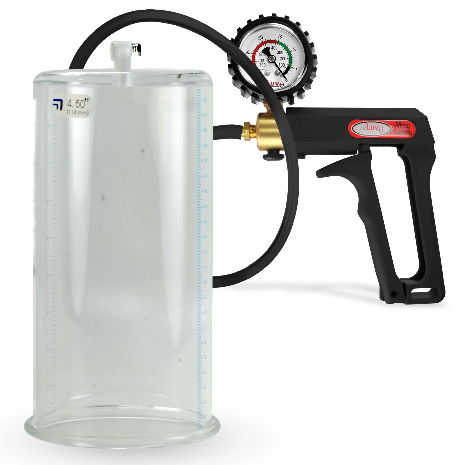 LeLuv Maxi Penis Pump | Black Handle, Silicone Hose, Gauge/Protected Gauge | Round Flange Cylinder