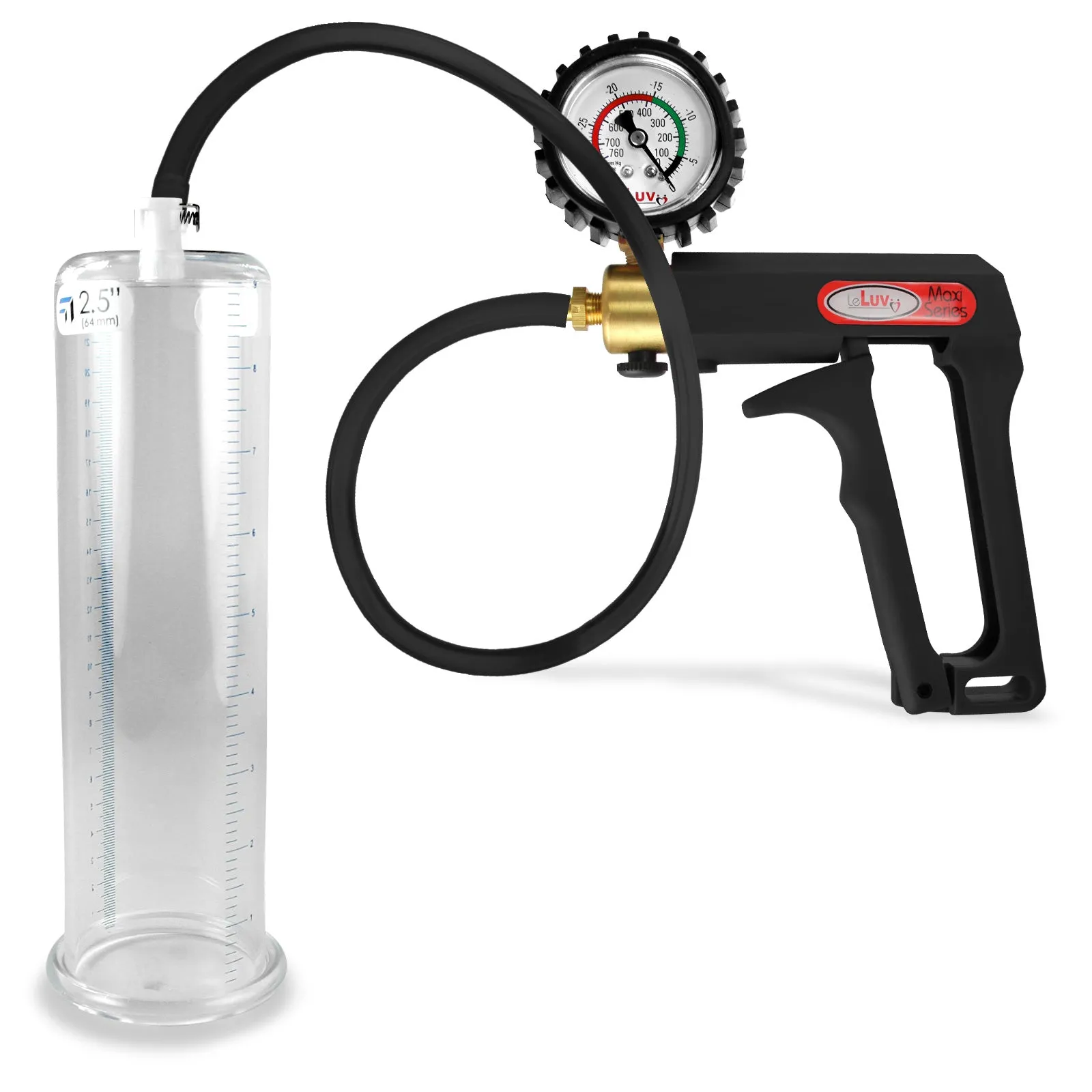 LeLuv Maxi Penis Pump | Black Handle, Silicone Hose, Gauge/Protected Gauge | Round Flange Cylinder