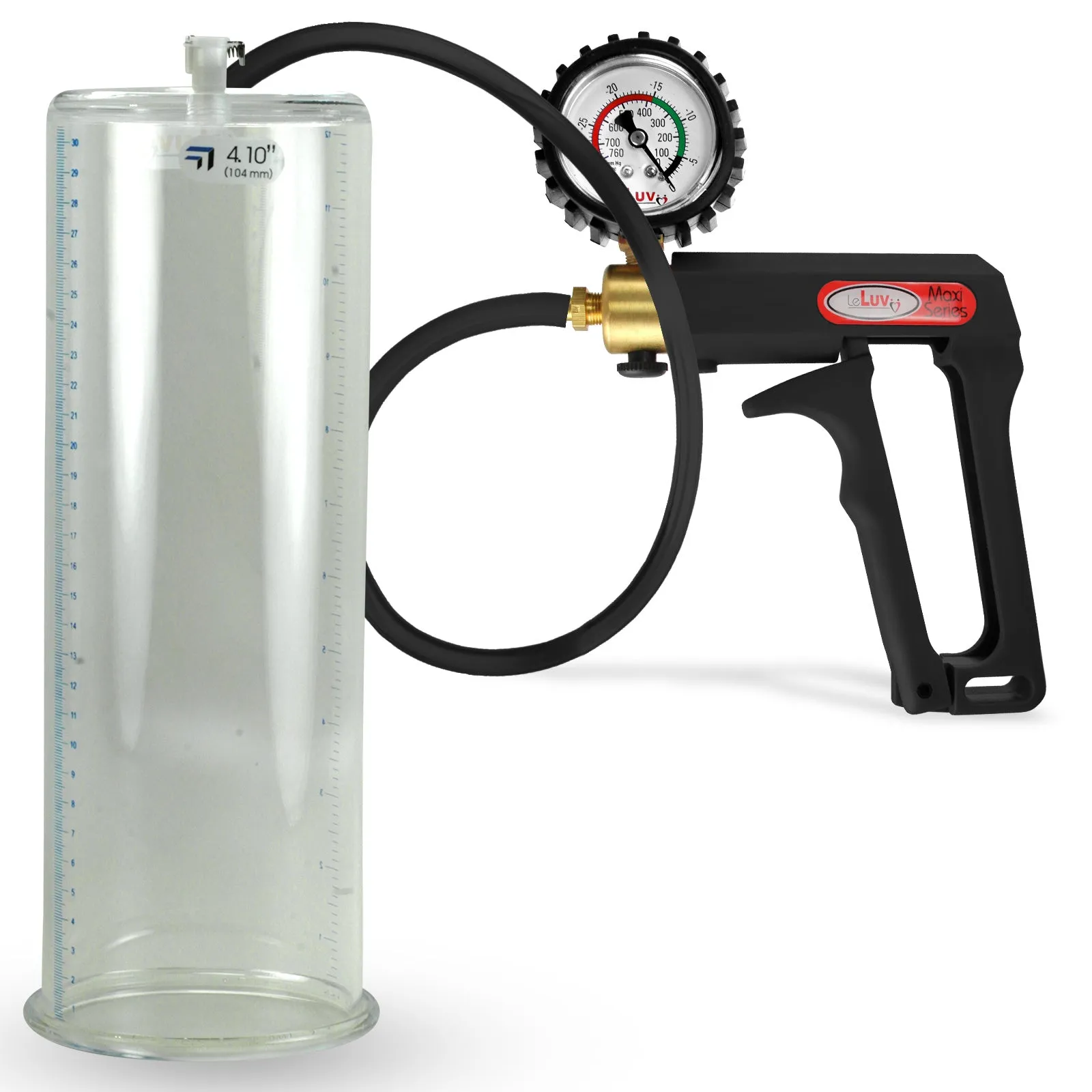 LeLuv Maxi Penis Pump | Black Handle, Silicone Hose, Gauge/Protected Gauge | Round Flange Cylinder
