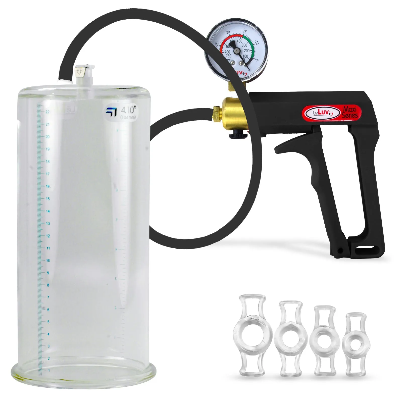 LeLuv Maxi Penis Pump | Black Handle, Silicone Hose, Gauge/Protected Gauge | Round Flange Cylinder