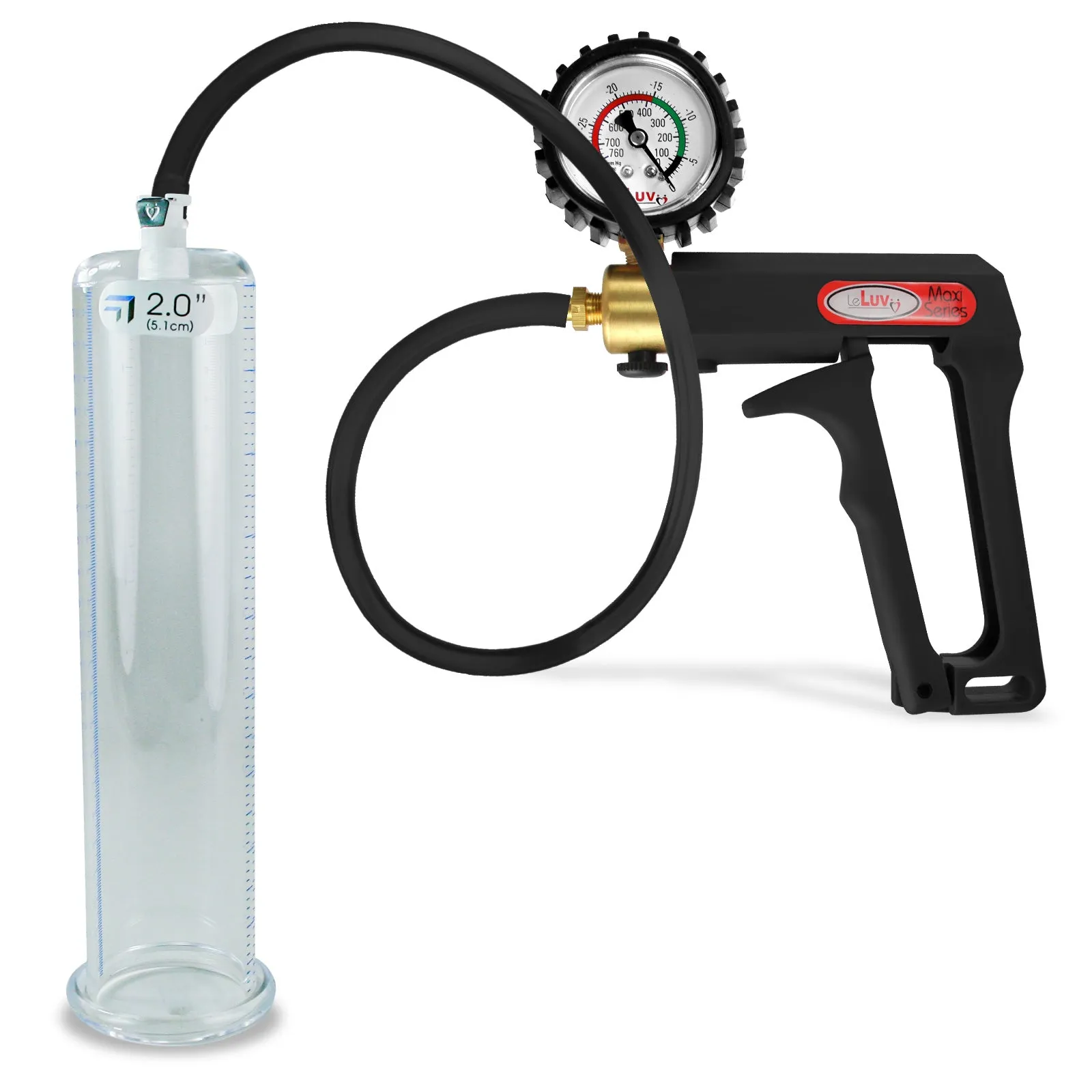 LeLuv Maxi Penis Pump | Black Handle, Silicone Hose, Gauge/Protected Gauge | Round Flange Cylinder