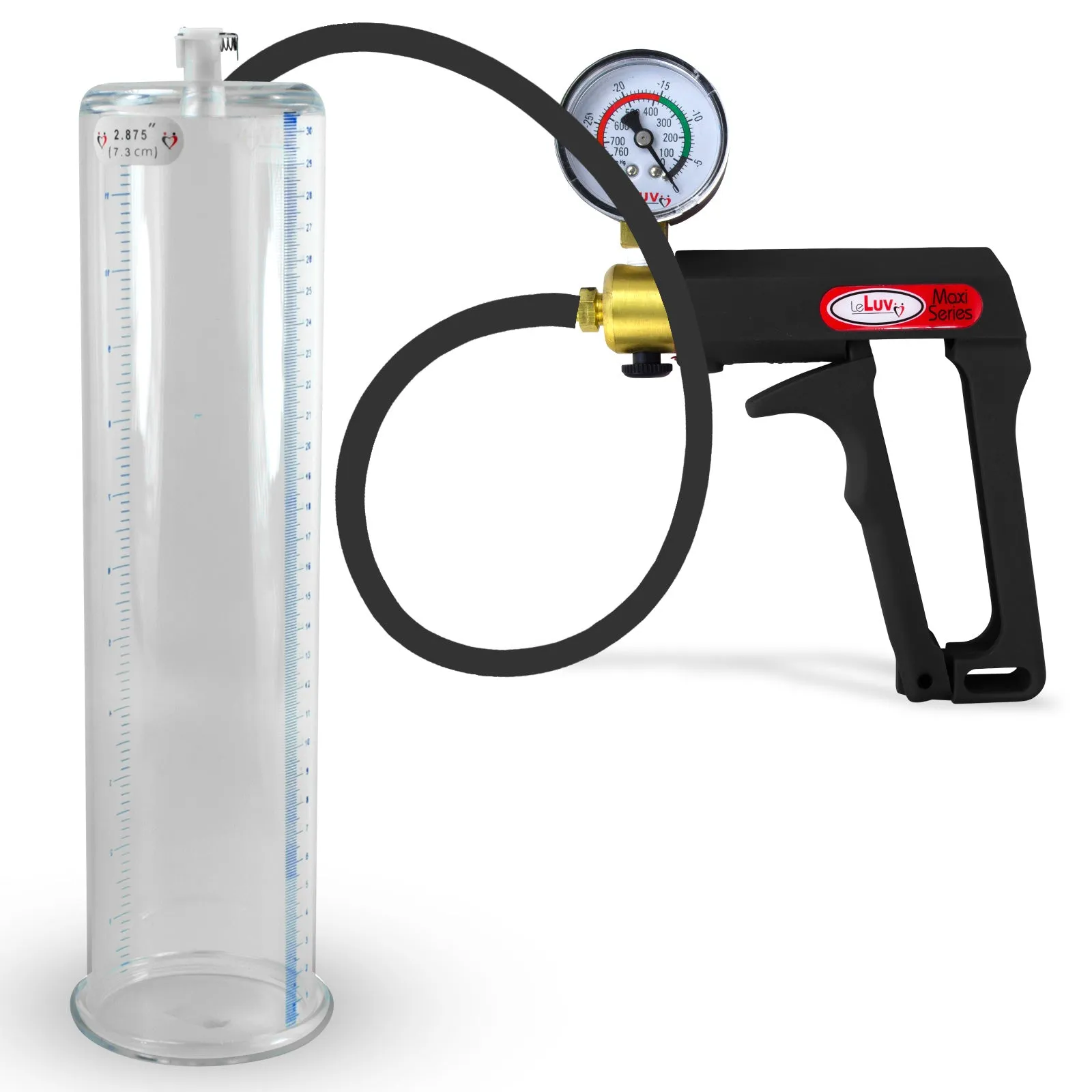 LeLuv Maxi Penis Pump | Black Handle, Silicone Hose, Gauge/Protected Gauge | Round Flange Cylinder