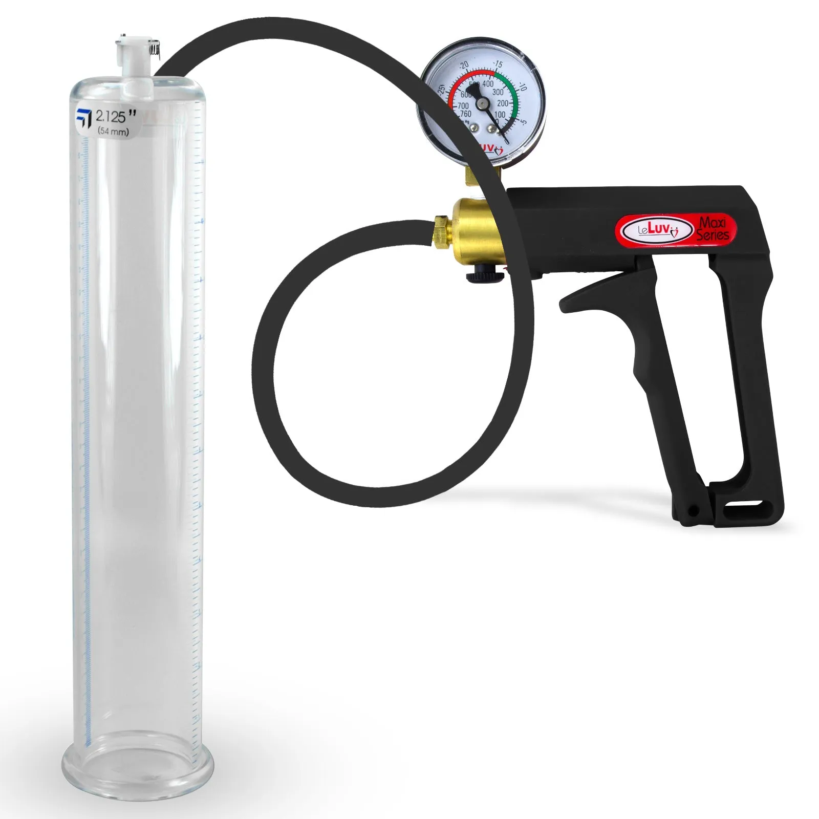 LeLuv Maxi Penis Pump | Black Handle, Silicone Hose, Gauge/Protected Gauge | Round Flange Cylinder